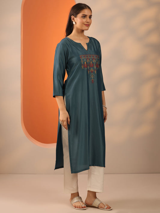 Grey Embroidered Silk Blend Straight Kurta