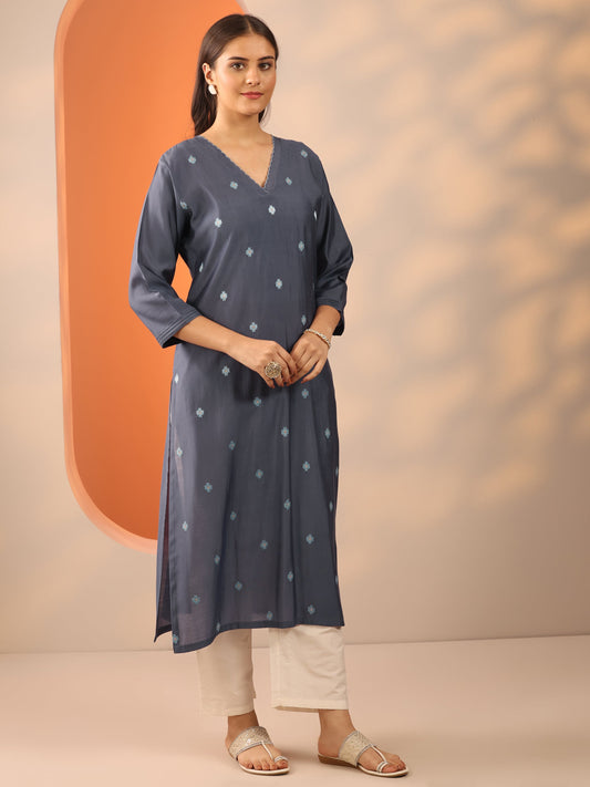 Grey Embroidered Silk Blend Straight Kurta