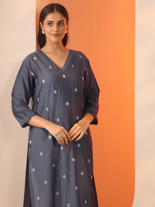 Grey Embroidered Silk Blend Straight Kurta