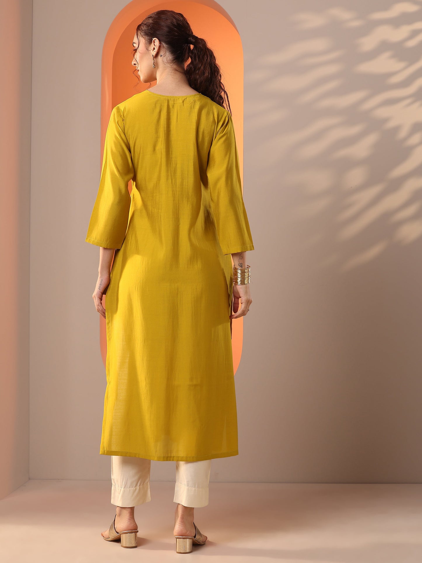Yellow Embroidered Silk Blend Straight Kurta