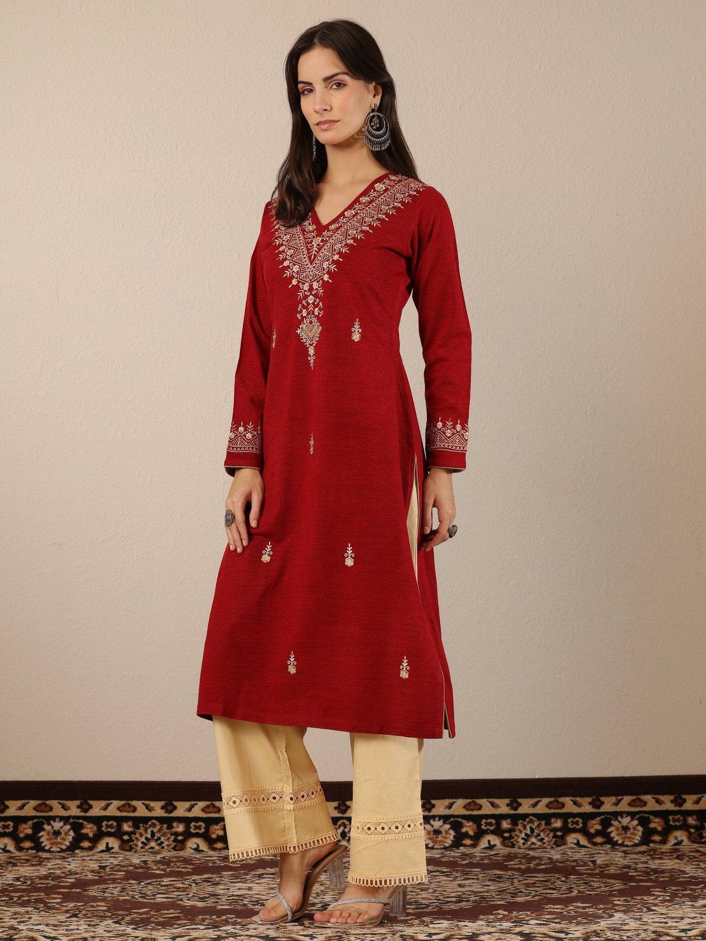 Red Embroidered Wool Straight Kurta