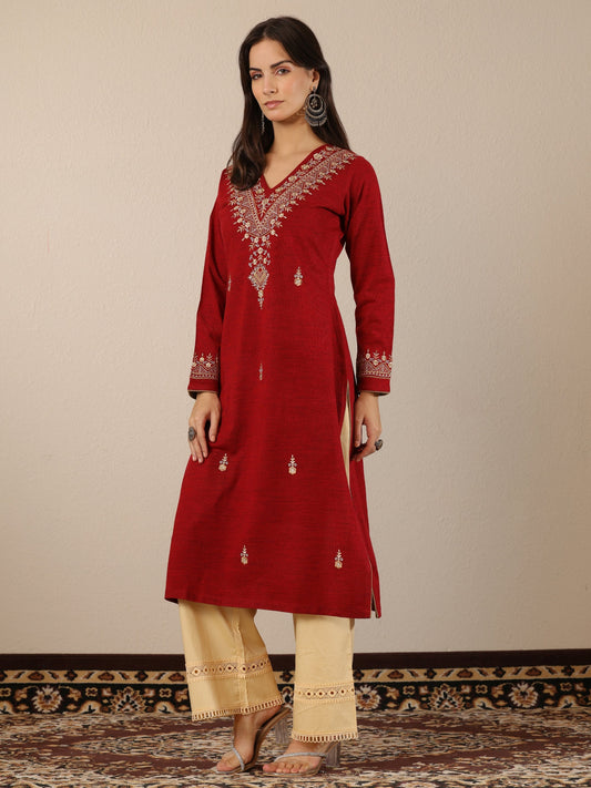 Red Embroidered Wool Straight Kurta