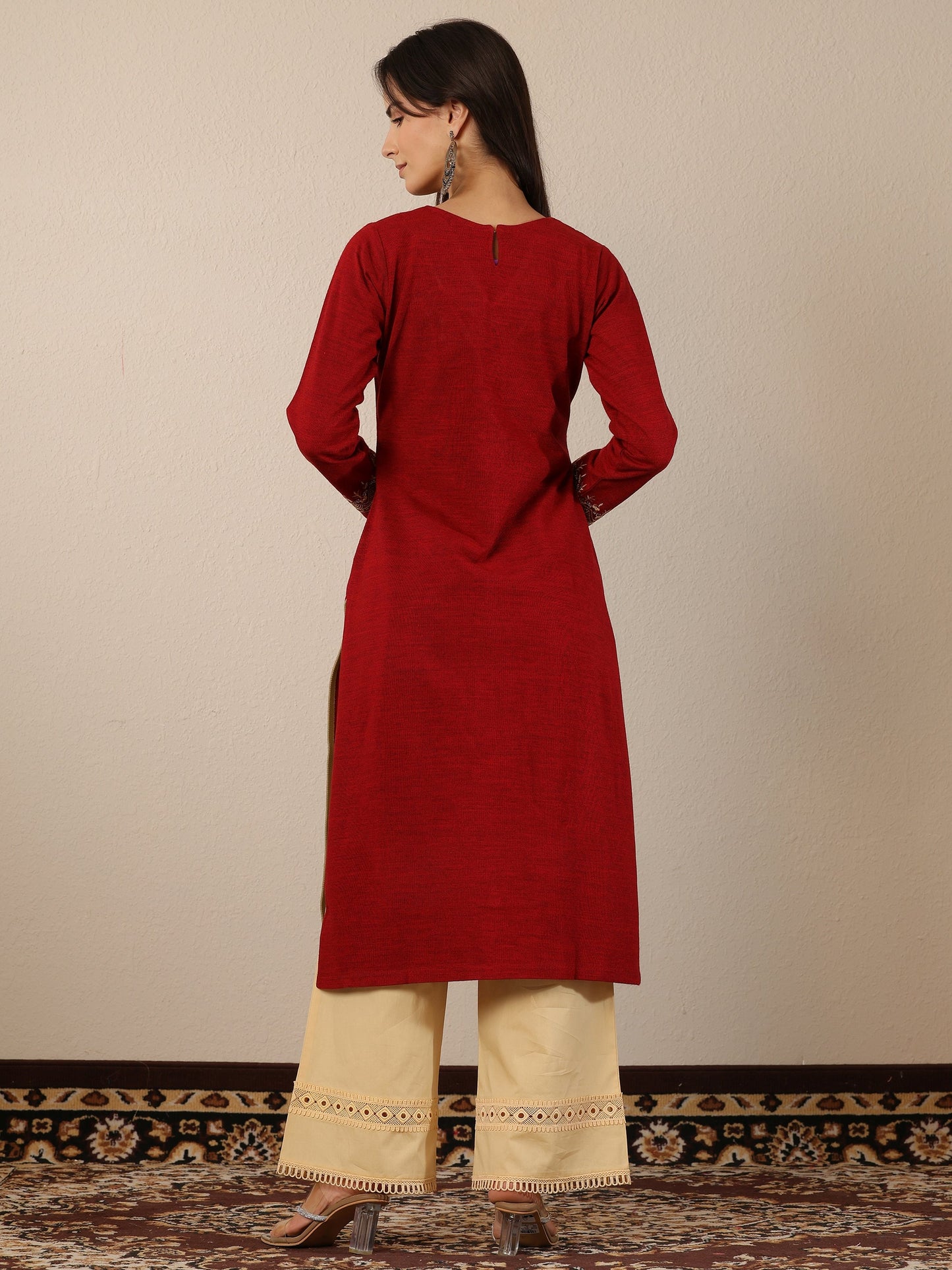 Red Embroidered Wool Straight Kurta