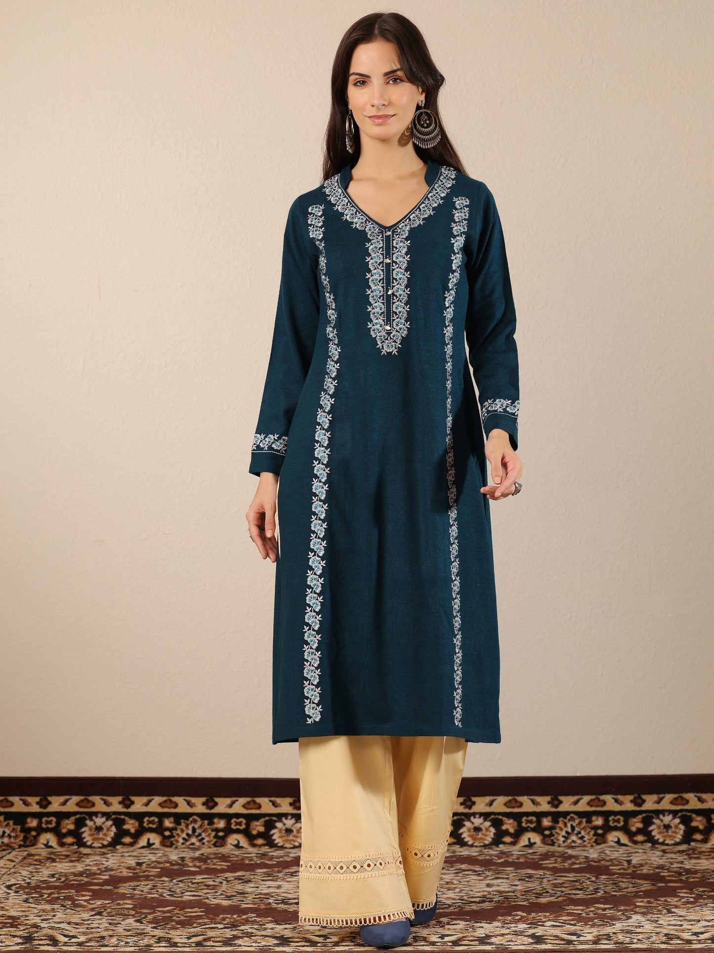 Teal Embroidered Wool Straight Kurta