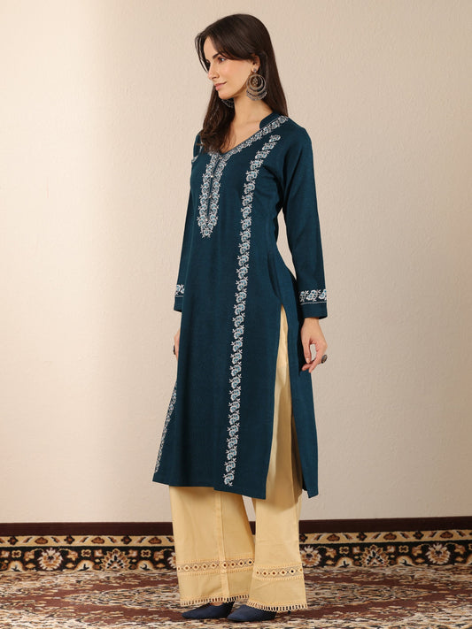 Teal Embroidered Wool Straight Kurta