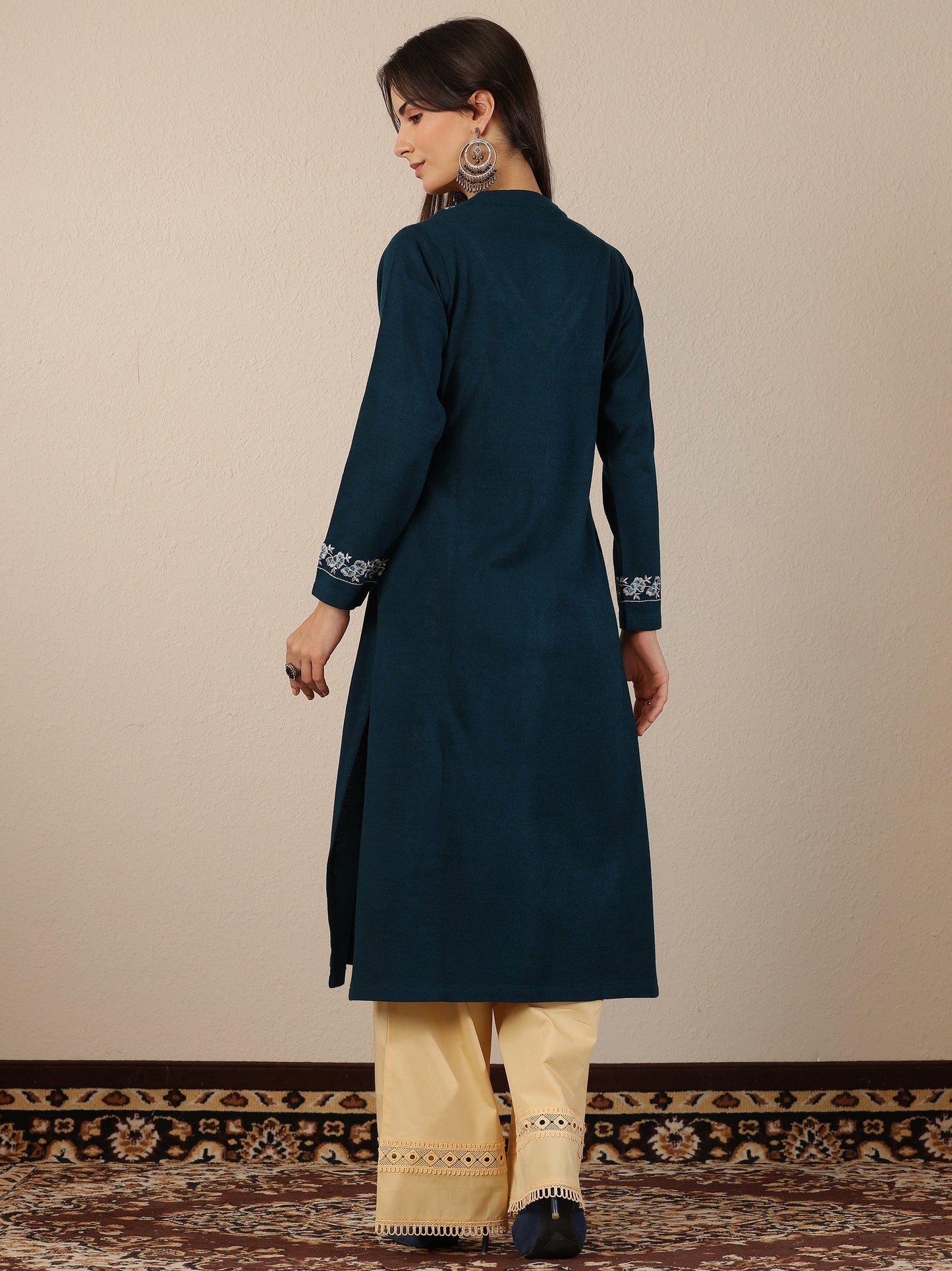 Teal Embroidered Wool Straight Kurta