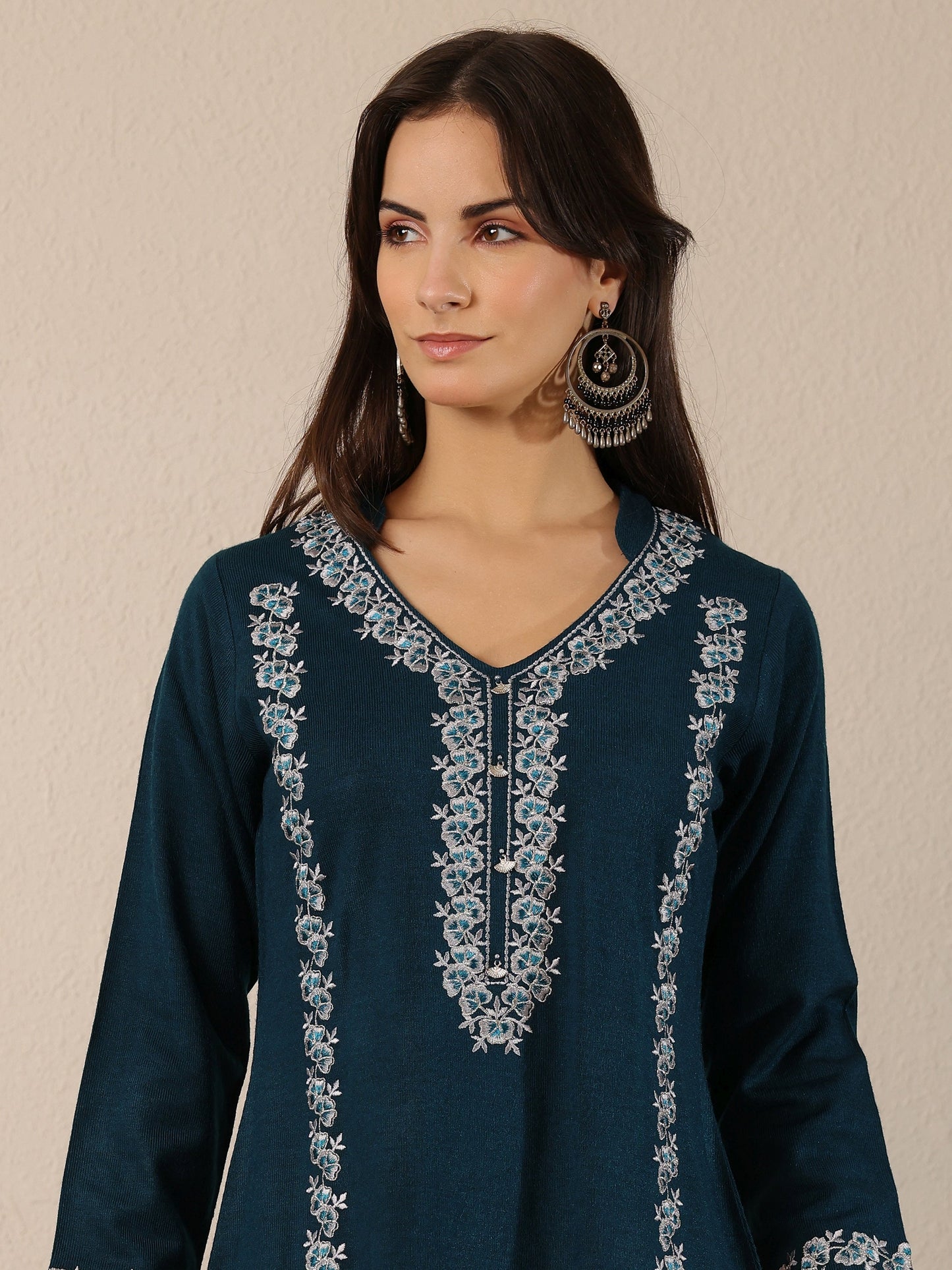 Teal Embroidered Wool Straight Kurta