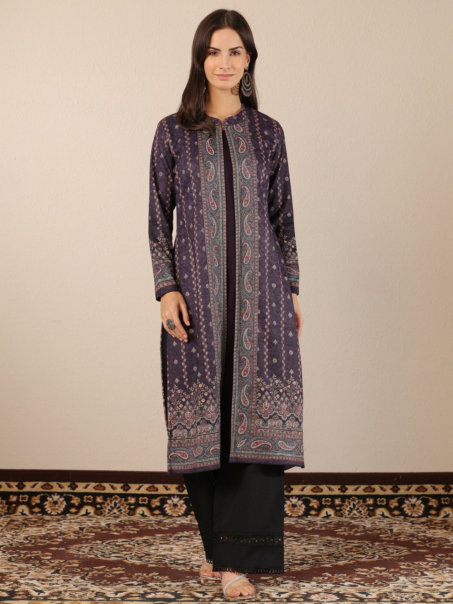 Burgundy Printed Wool Straight Kurta