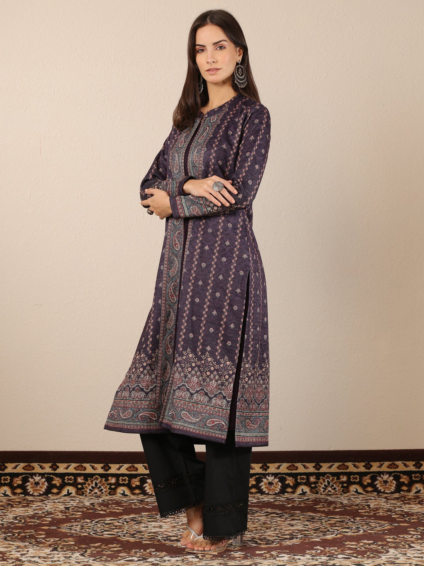 Burgundy Printed Wool Straight Kurta