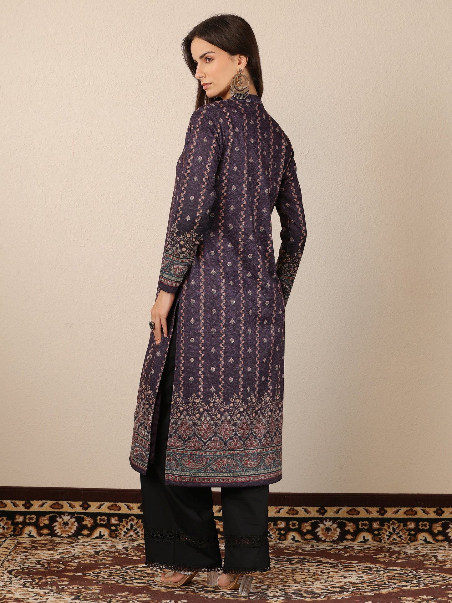 Burgundy Printed Wool Straight Kurta