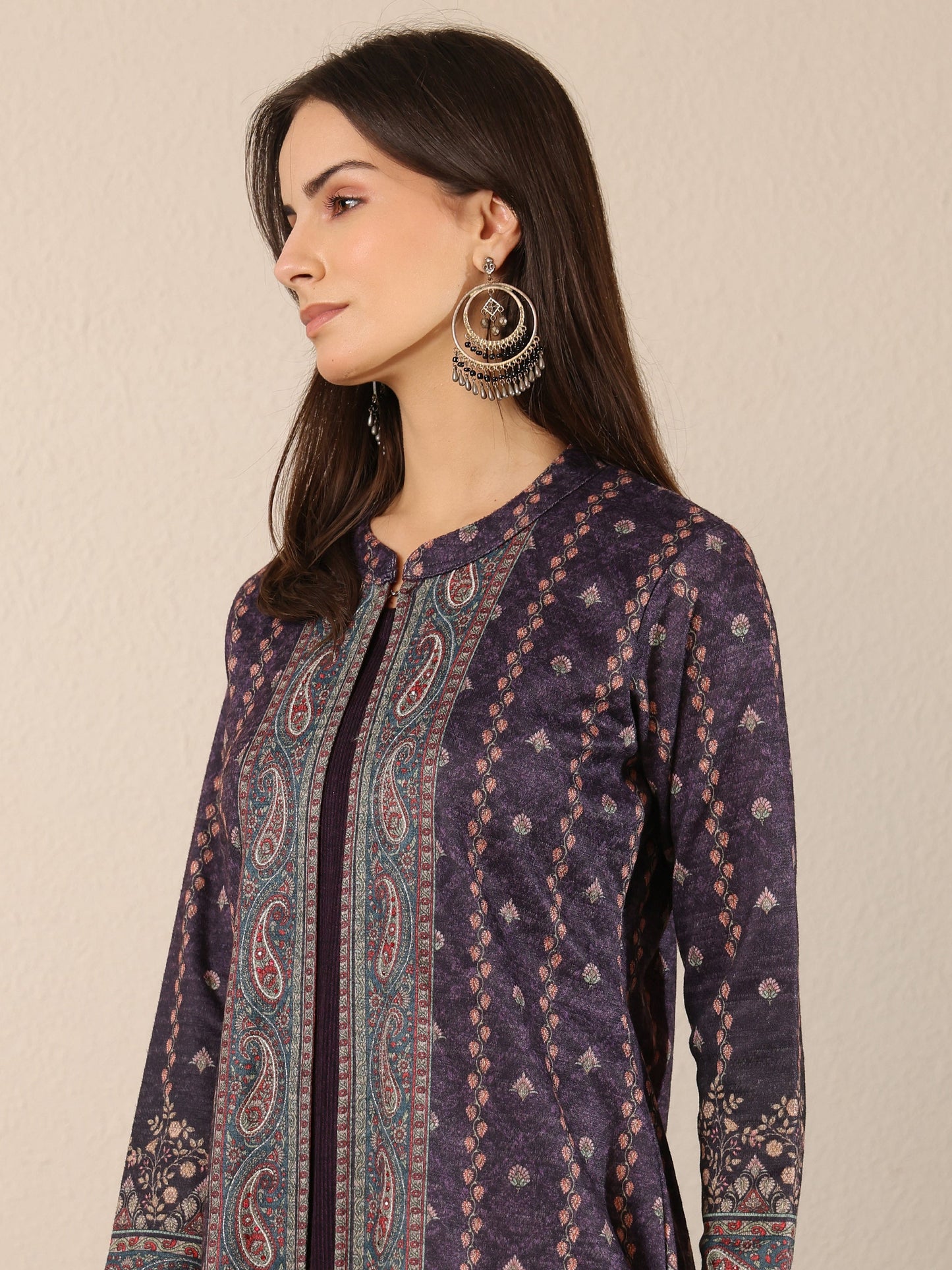 Burgundy Printed Wool Straight Kurta