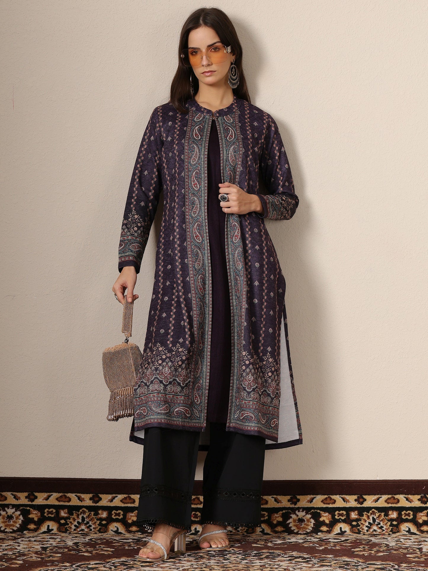 Burgundy Printed Wool Straight Kurta