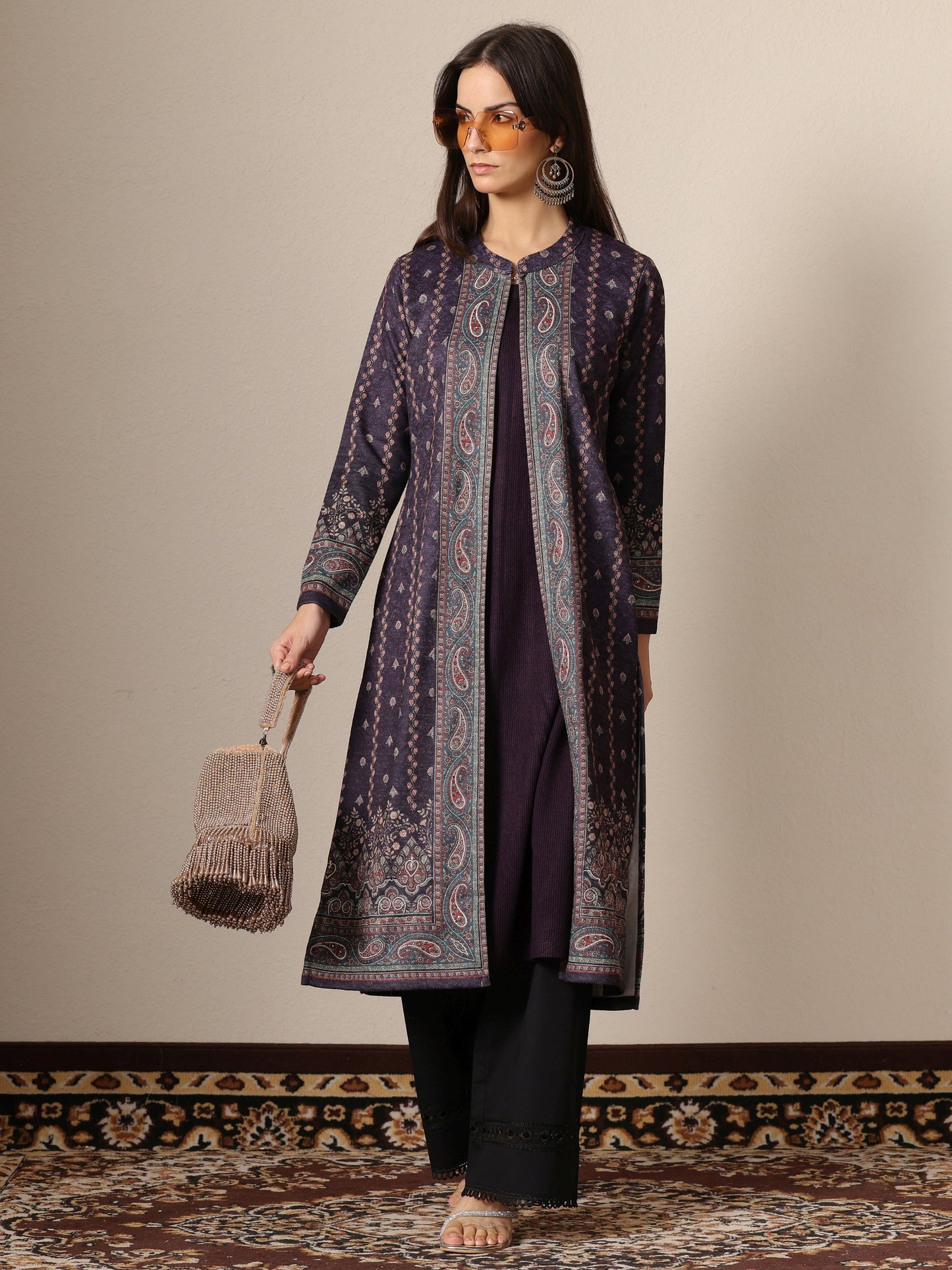 Burgundy Printed Wool Straight Kurta