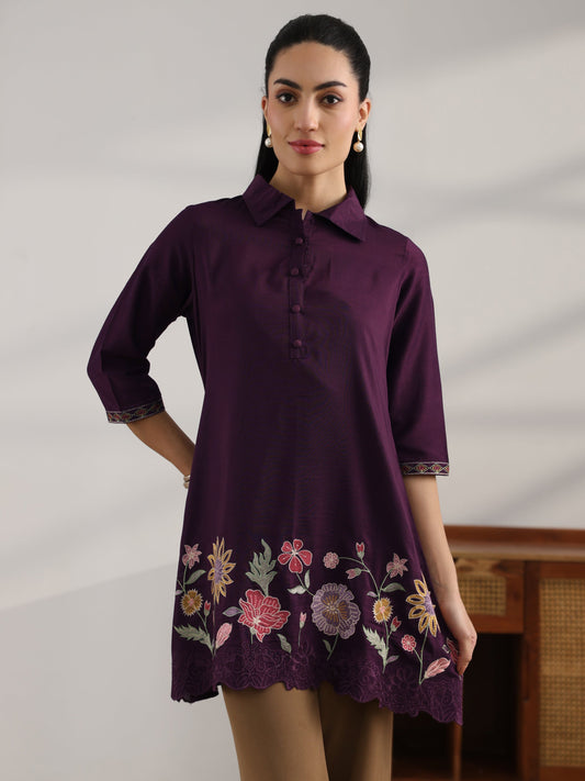 Burgundy Embroidered Silk Blend Straight Short Kurti