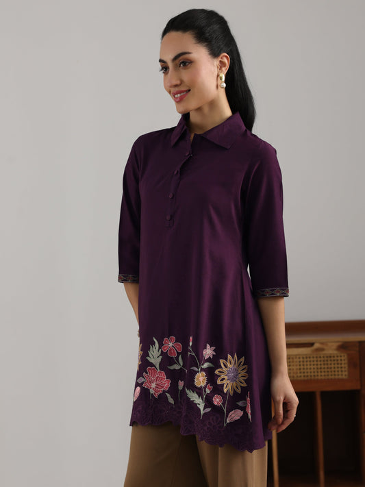 Burgundy Embroidered Silk Blend Straight Short Kurti