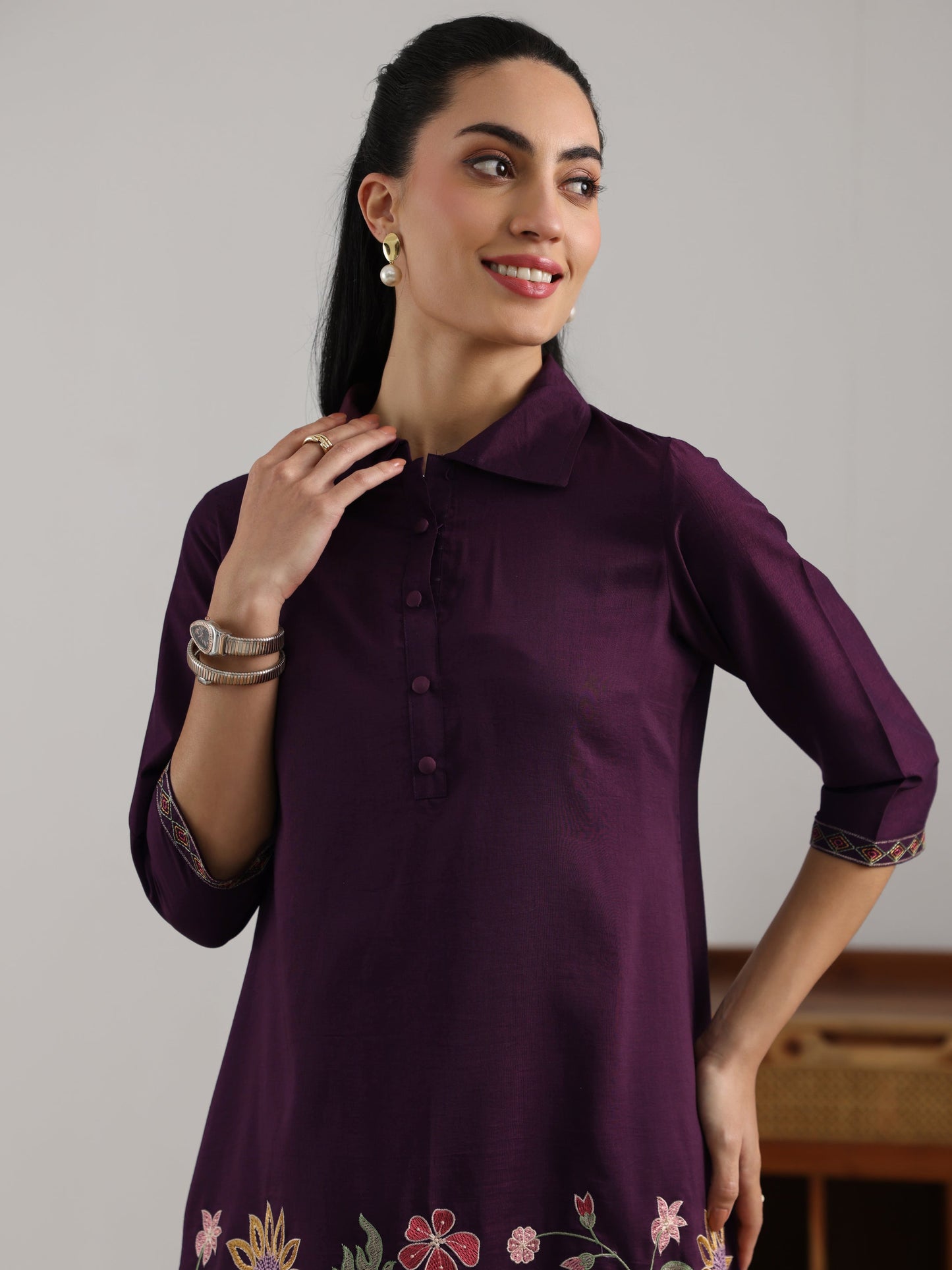 Burgundy Embroidered Silk Blend Straight Short Kurti