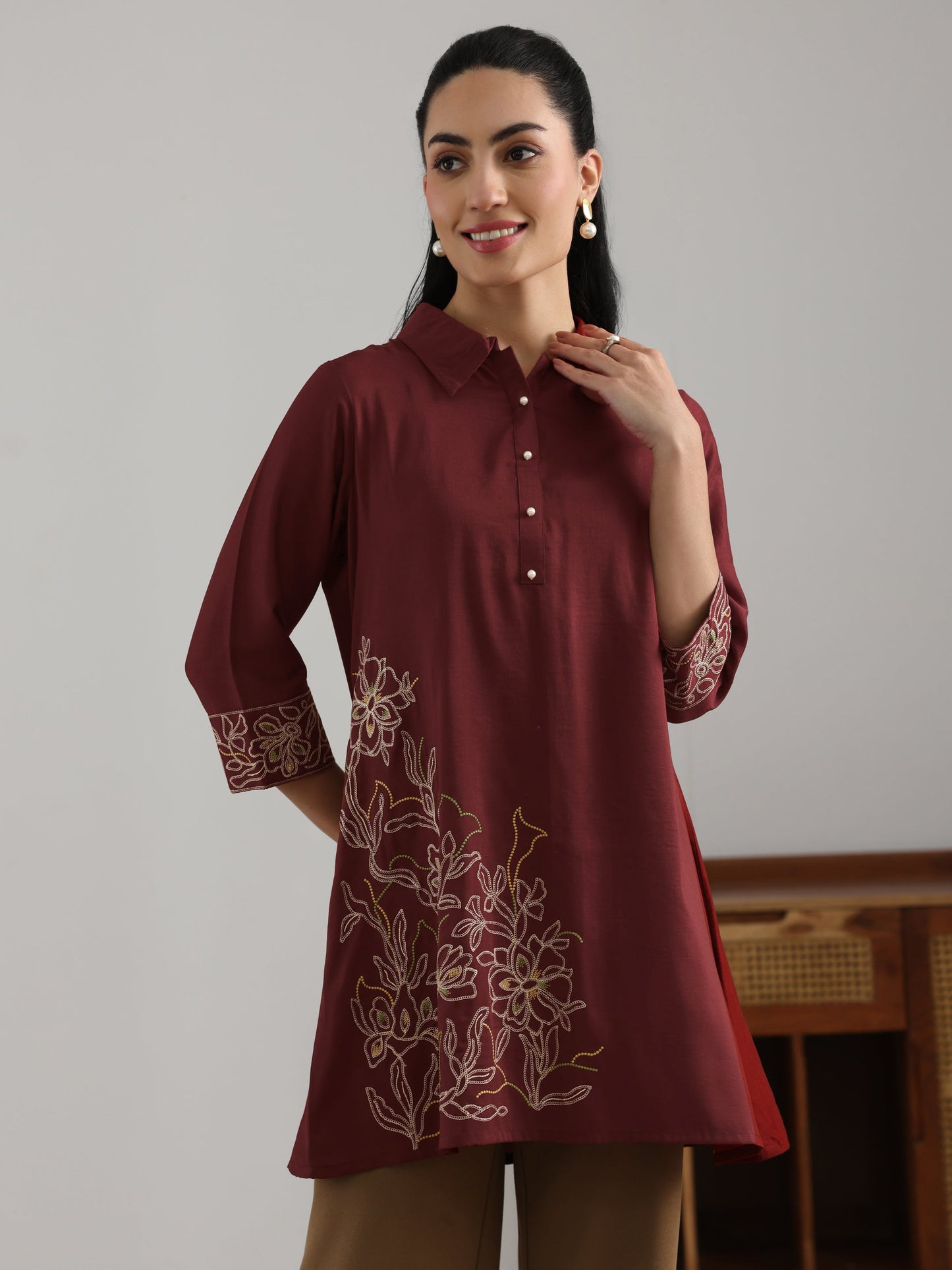Maroon Embroidered Silk Blend Straight Short Kurti