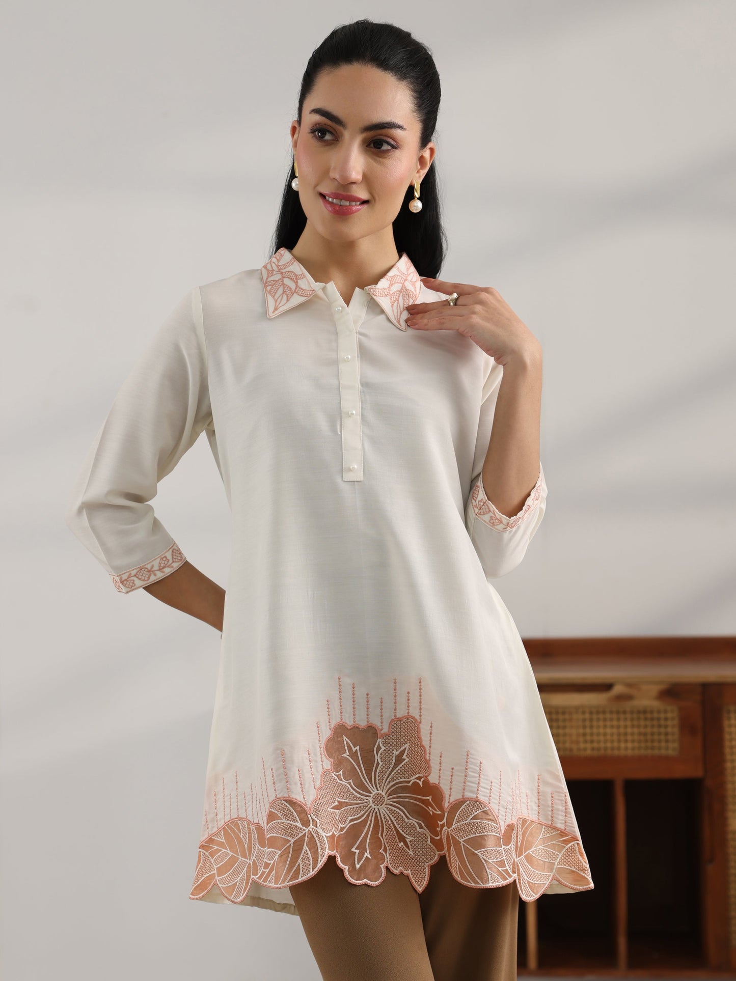 Off White Printed Silk Blend Straight Short Kurti