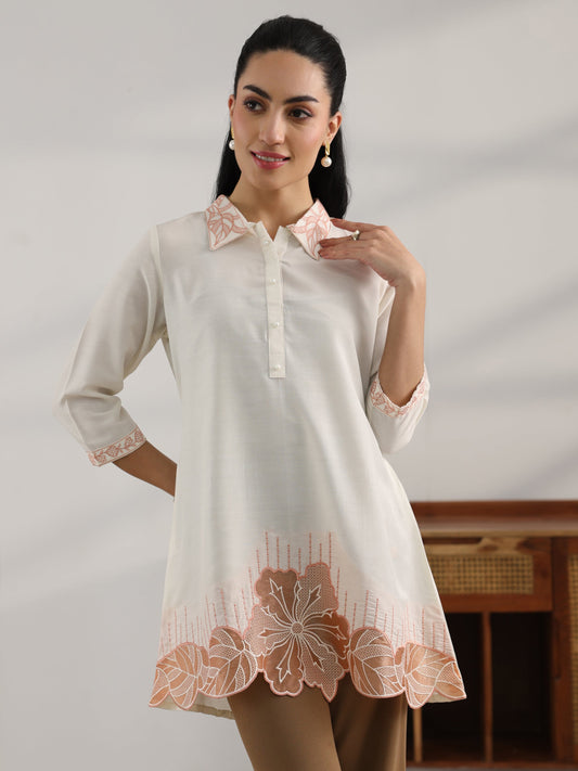 Off White Printed Silk Blend Straight Short Kurti
