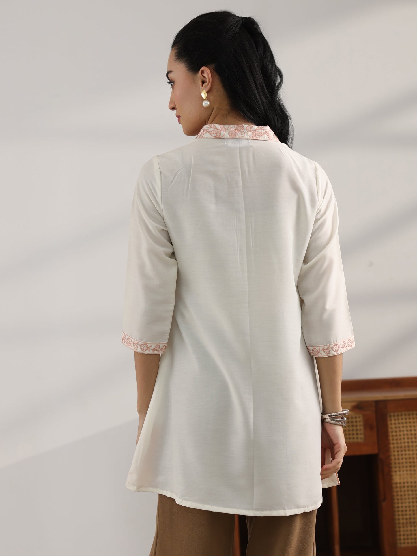 Off White Printed Silk Blend Straight Short Kurti