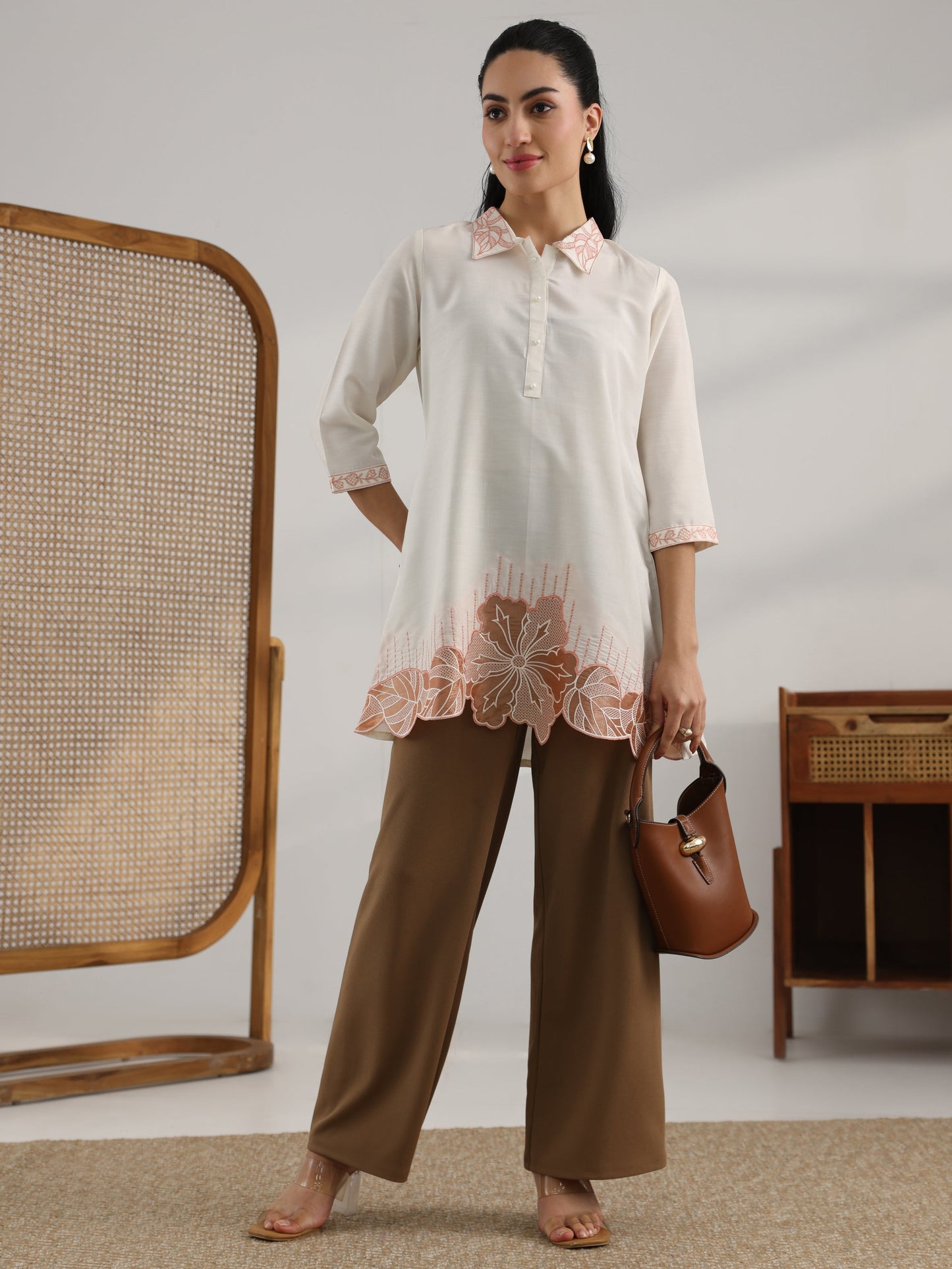 Off White Printed Silk Blend Straight Short Kurti