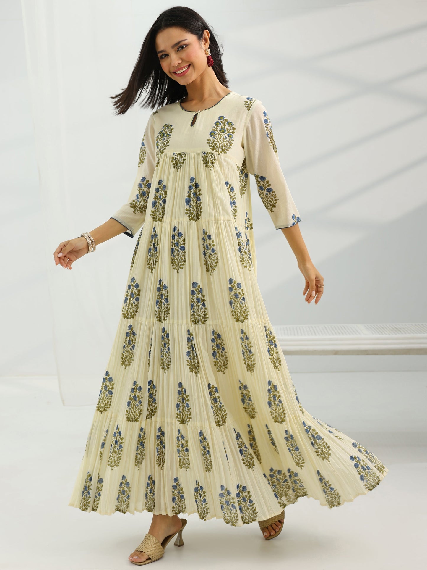 Off White Printed Cotton Pleated A-Line One Piece Dress