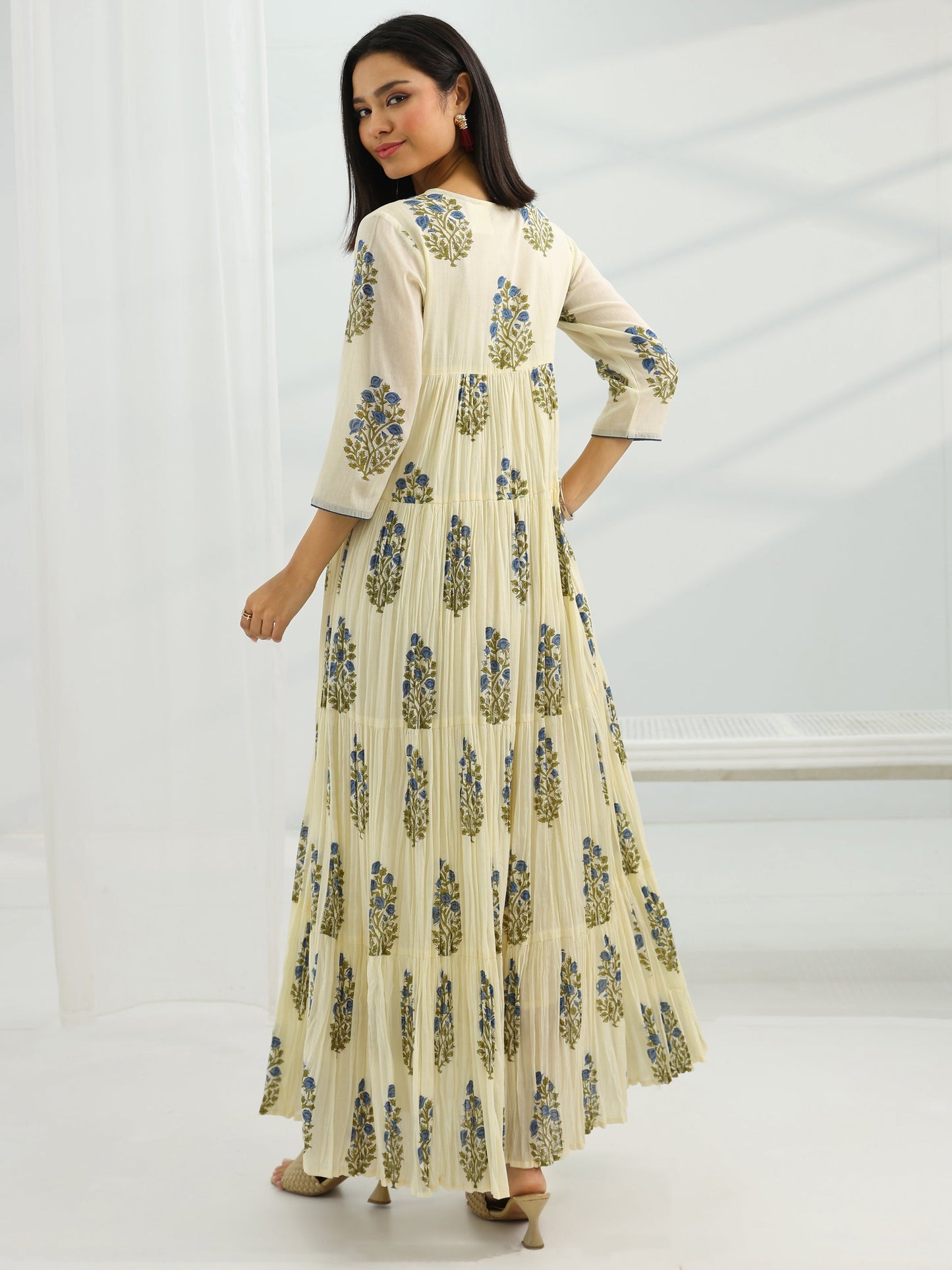 Off White Printed Cotton Pleated A-Line One Piece Dress