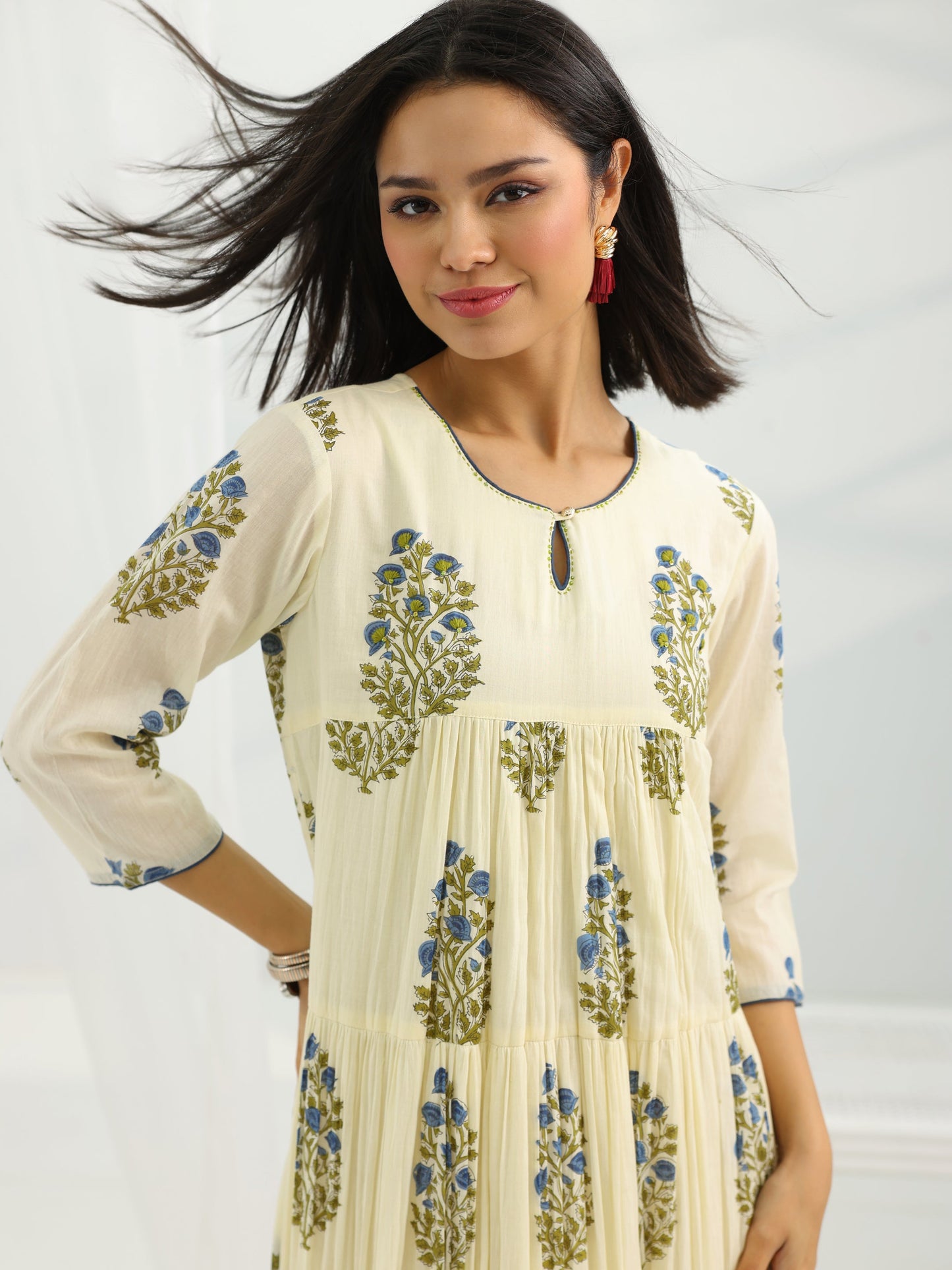 Off White Printed Cotton Pleated A-Line One Piece Dress