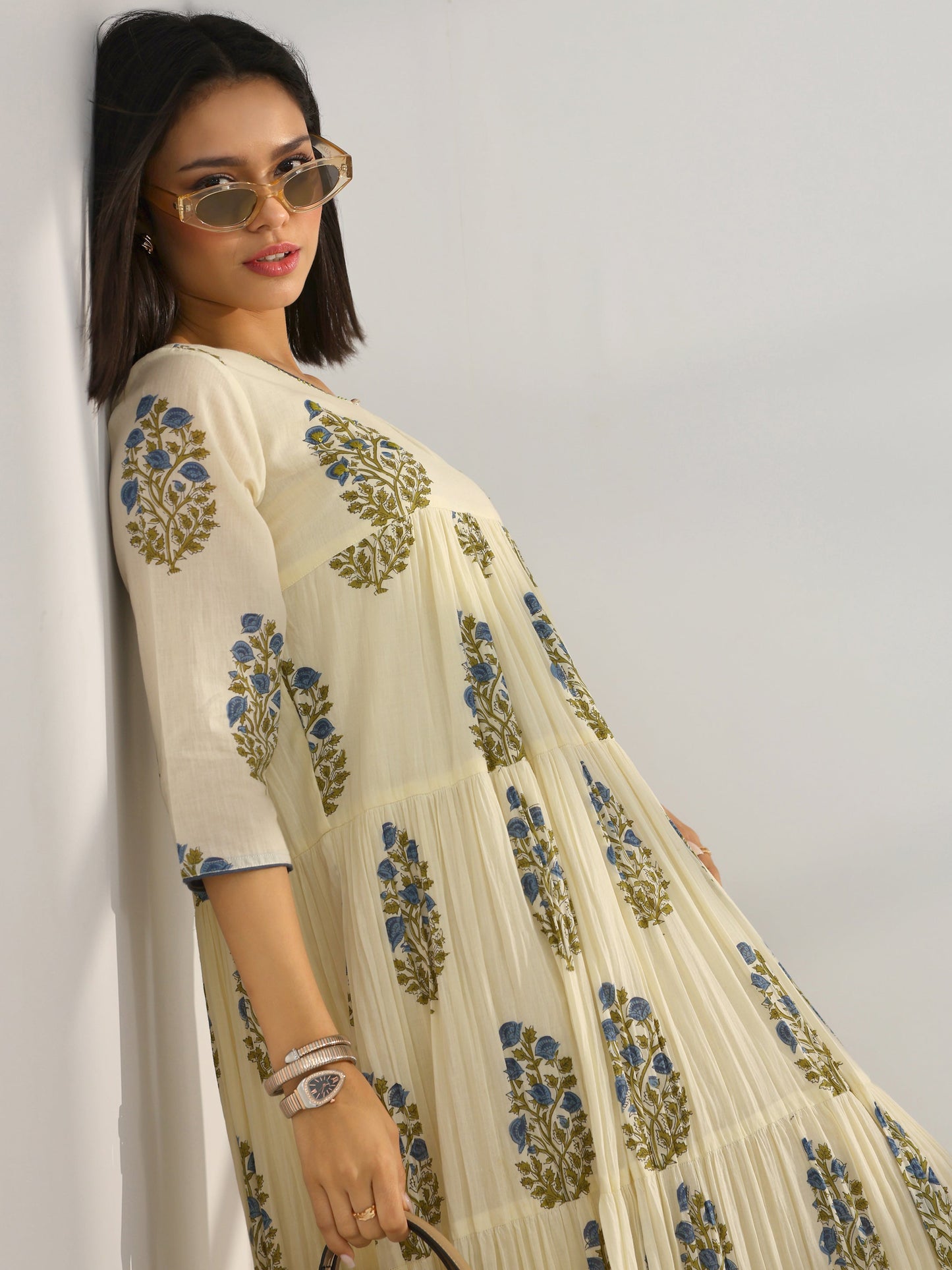 Off White Printed Cotton Pleated A-Line One Piece Dress