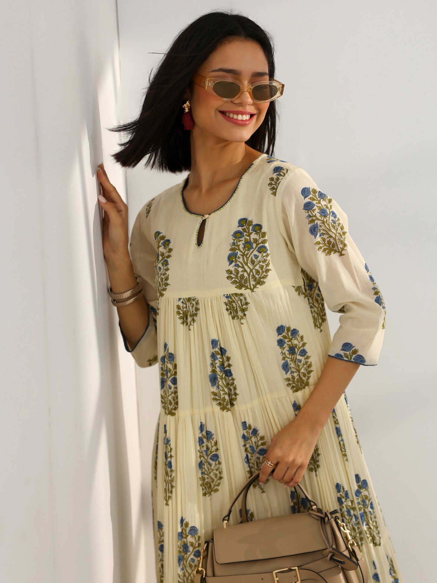 Off White Printed Cotton Pleated A-Line One Piece Dress