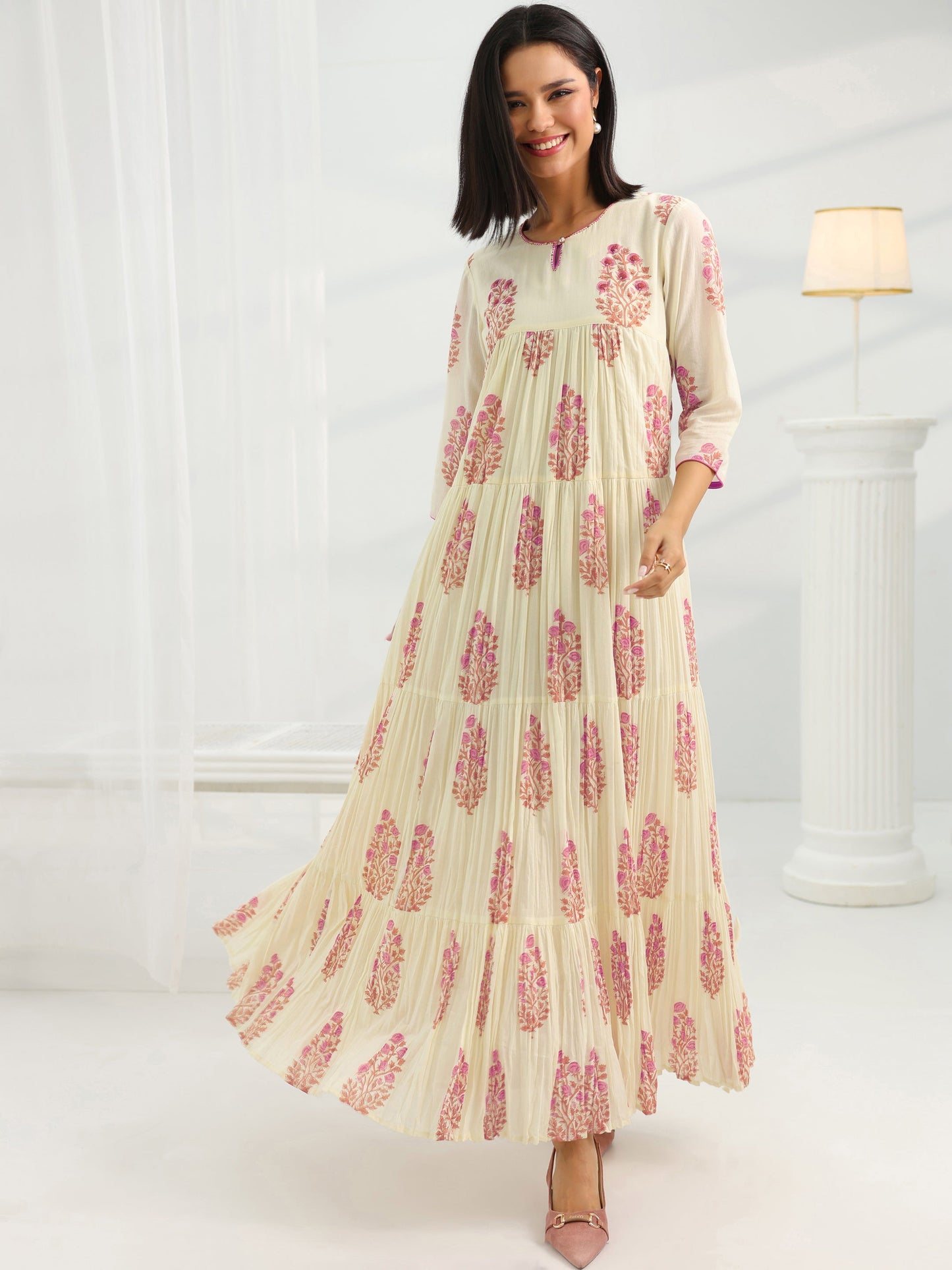 Off White Printed Cotton Pleated A-Line One Piece Dress