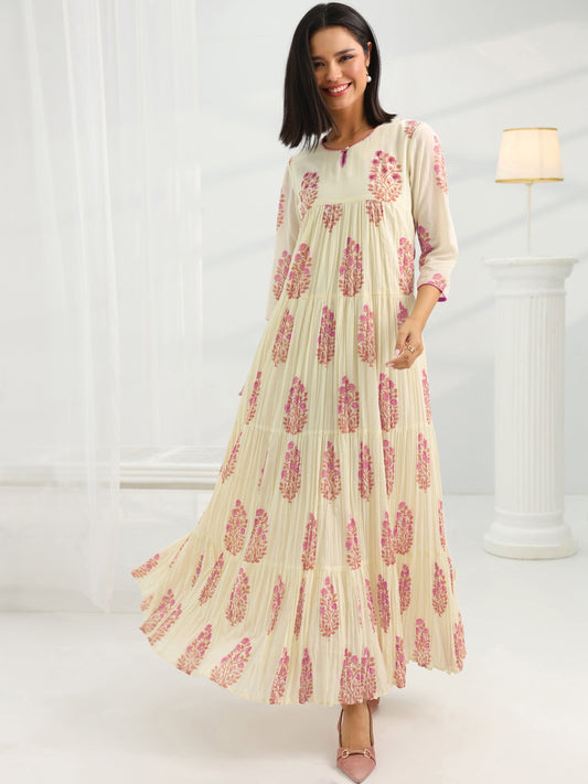 Off White Printed Cotton Pleated A-Line One Piece Dress