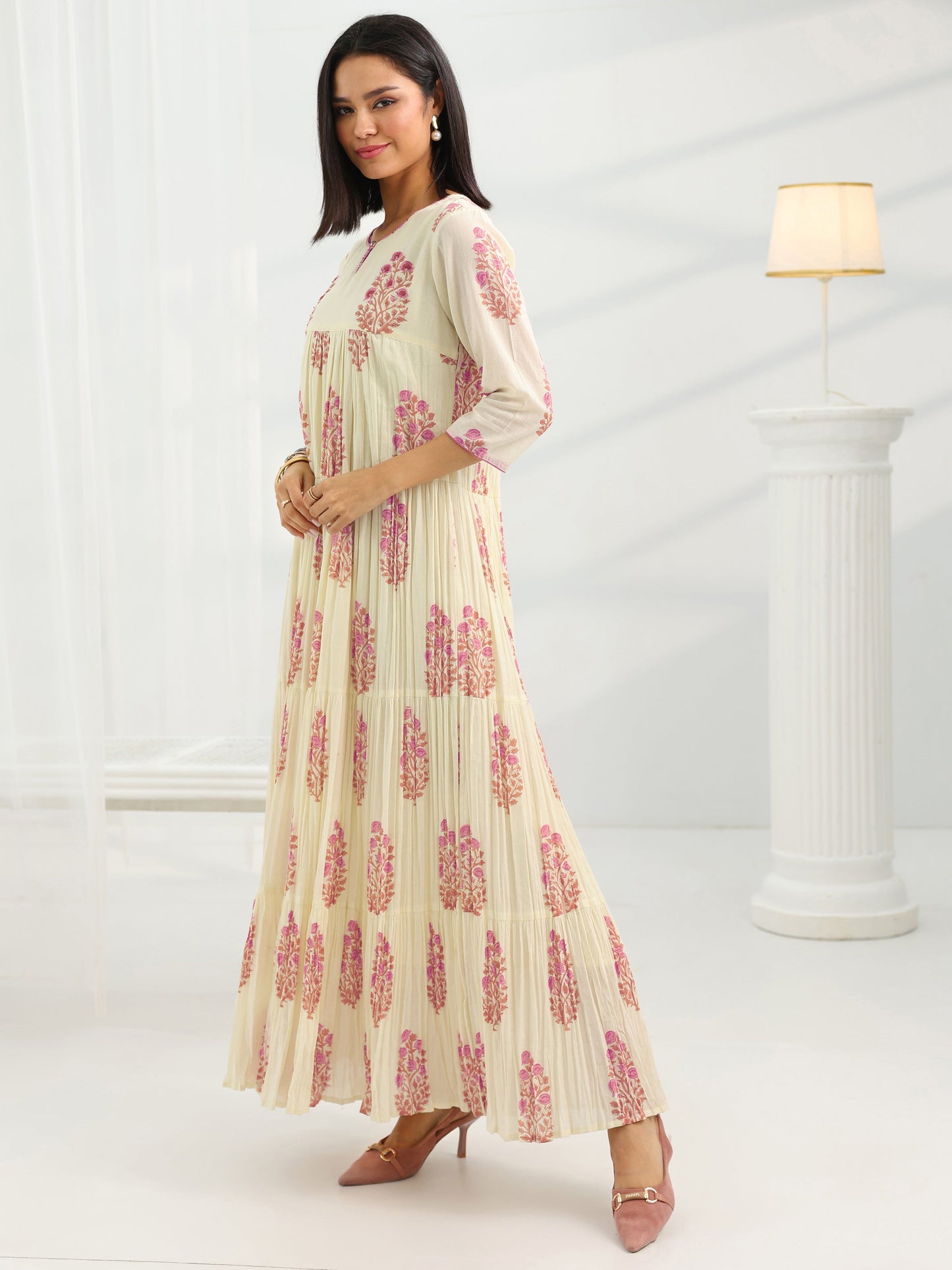 Off White Printed Cotton Pleated A-Line One Piece Dress