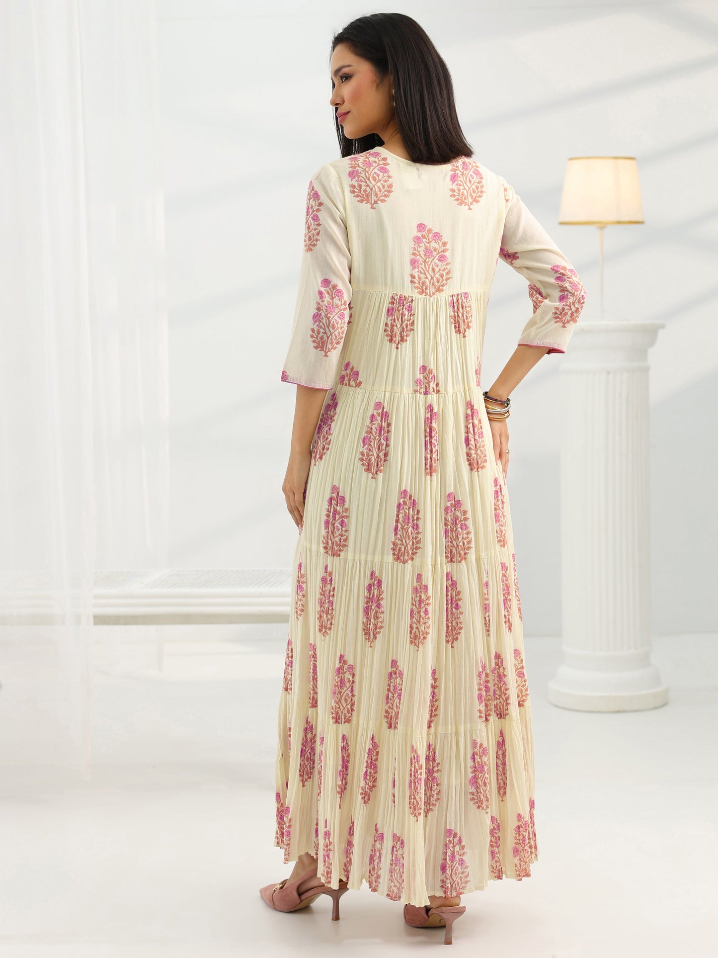 Off White Printed Cotton Pleated A-Line One Piece Dress