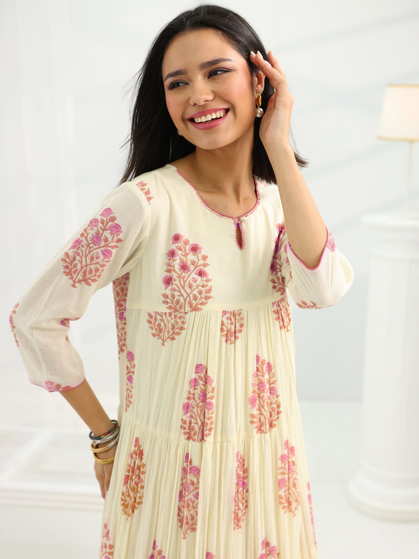 Off White Printed Cotton Pleated A-Line One Piece Dress