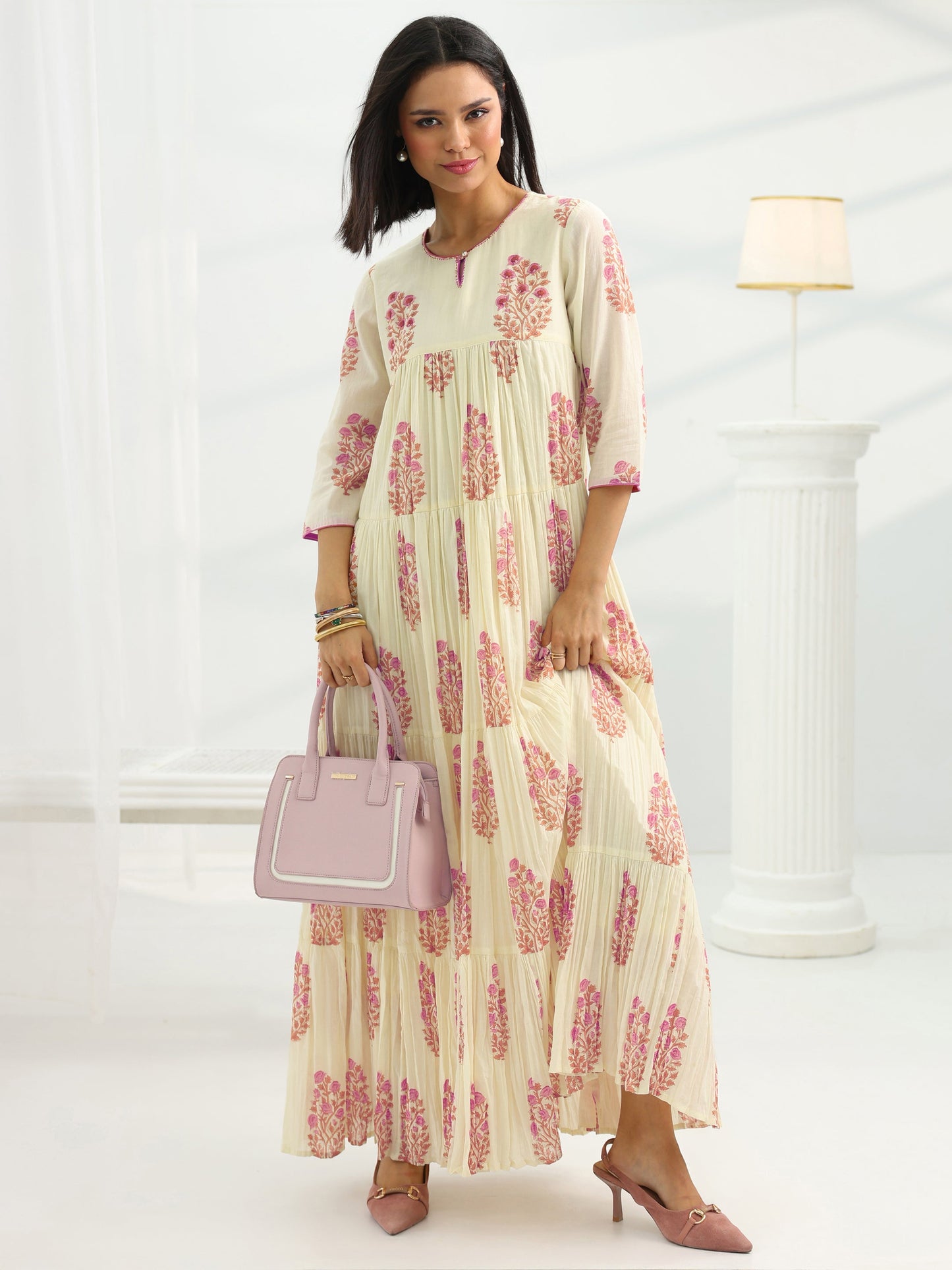 Off White Printed Cotton Pleated A-Line One Piece Dress