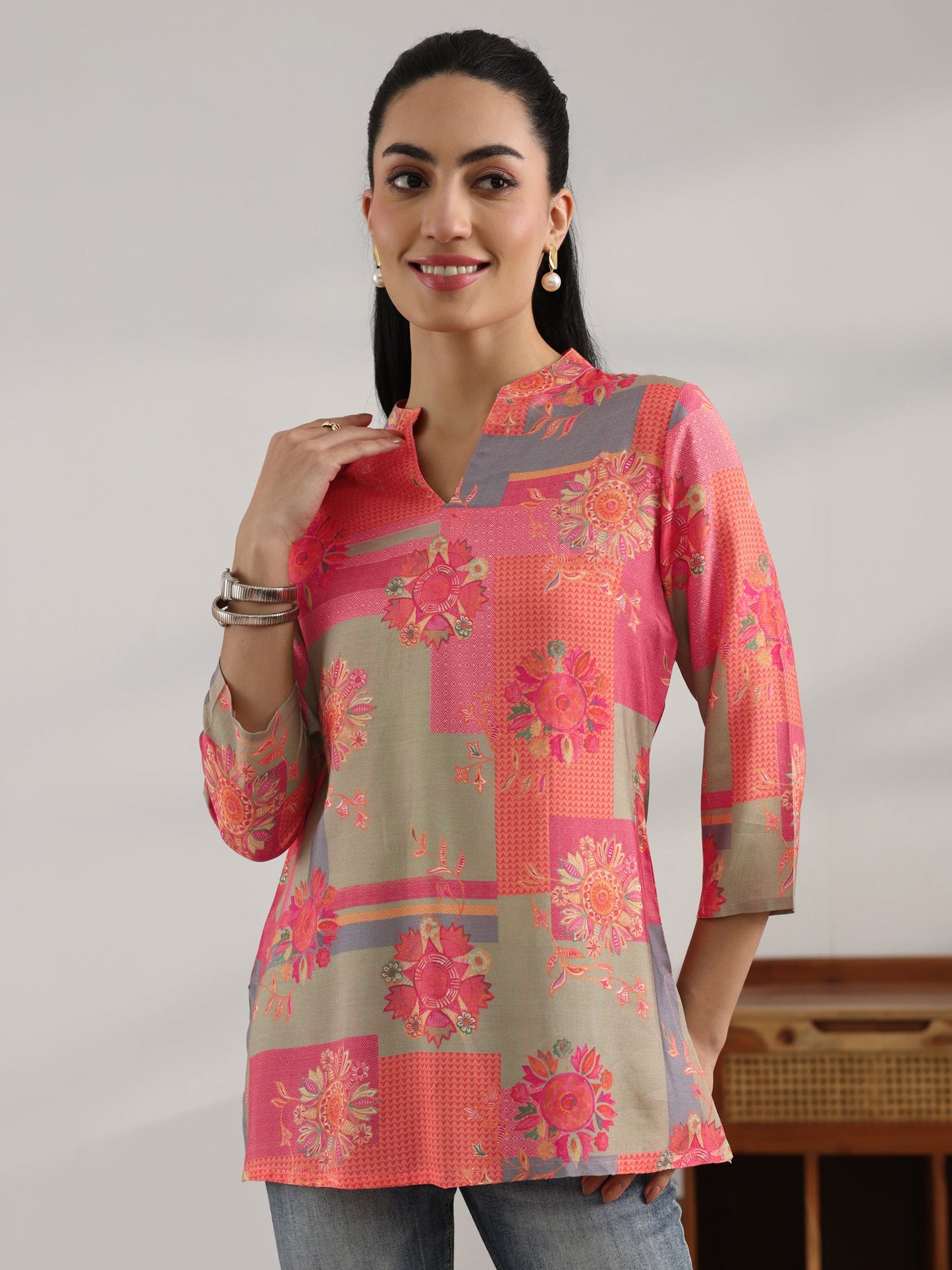 Coral Printed Muslin Straight Short Kurti