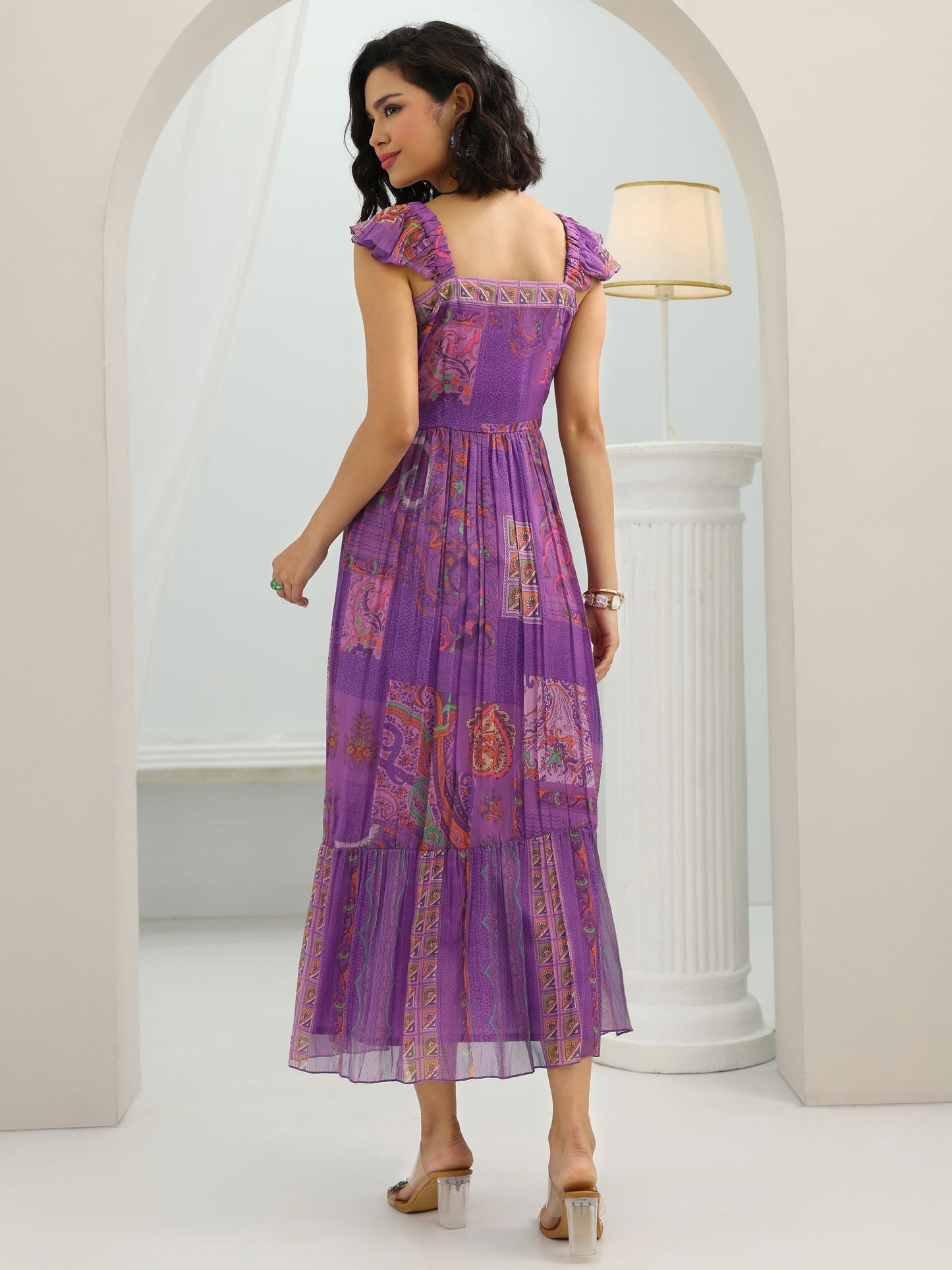 Purple Printed Chiffon Fit And Flare One Piece Dress
