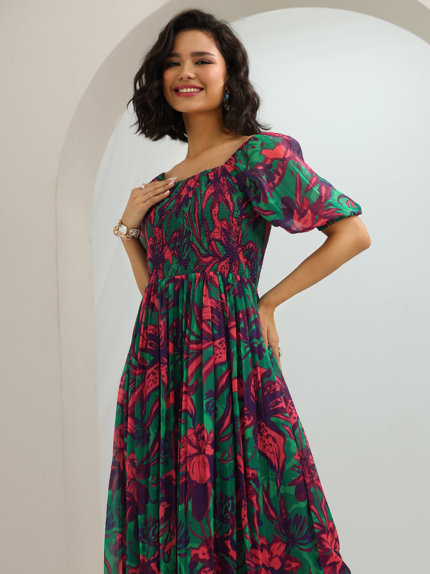 Green Printed Chiffon Fit And Flare One Piece Dress