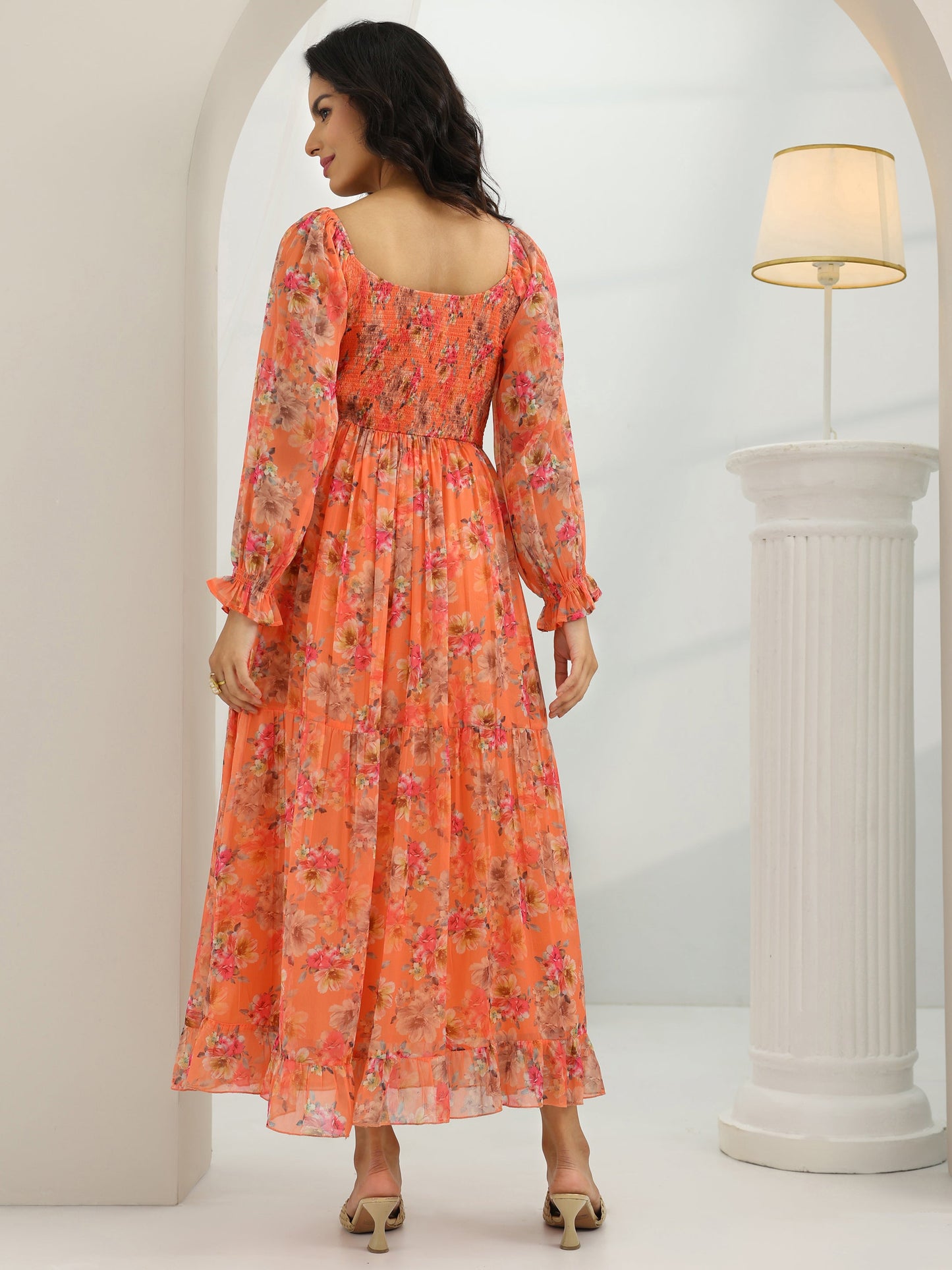 Orange Printed Chiffon Fit And Flare One Piece Dress