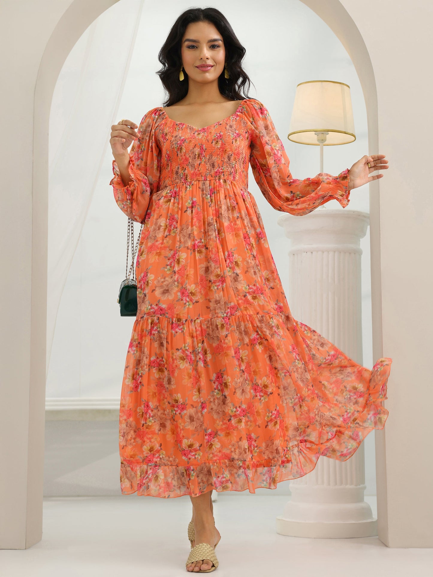 Orange Printed Chiffon Fit And Flare One Piece Dress