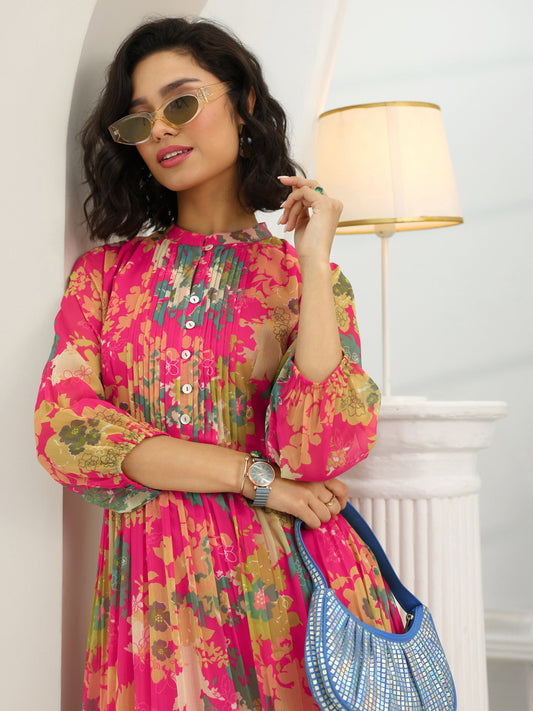 Pink Printed Chiffon Fit And Flare One Piece Dress