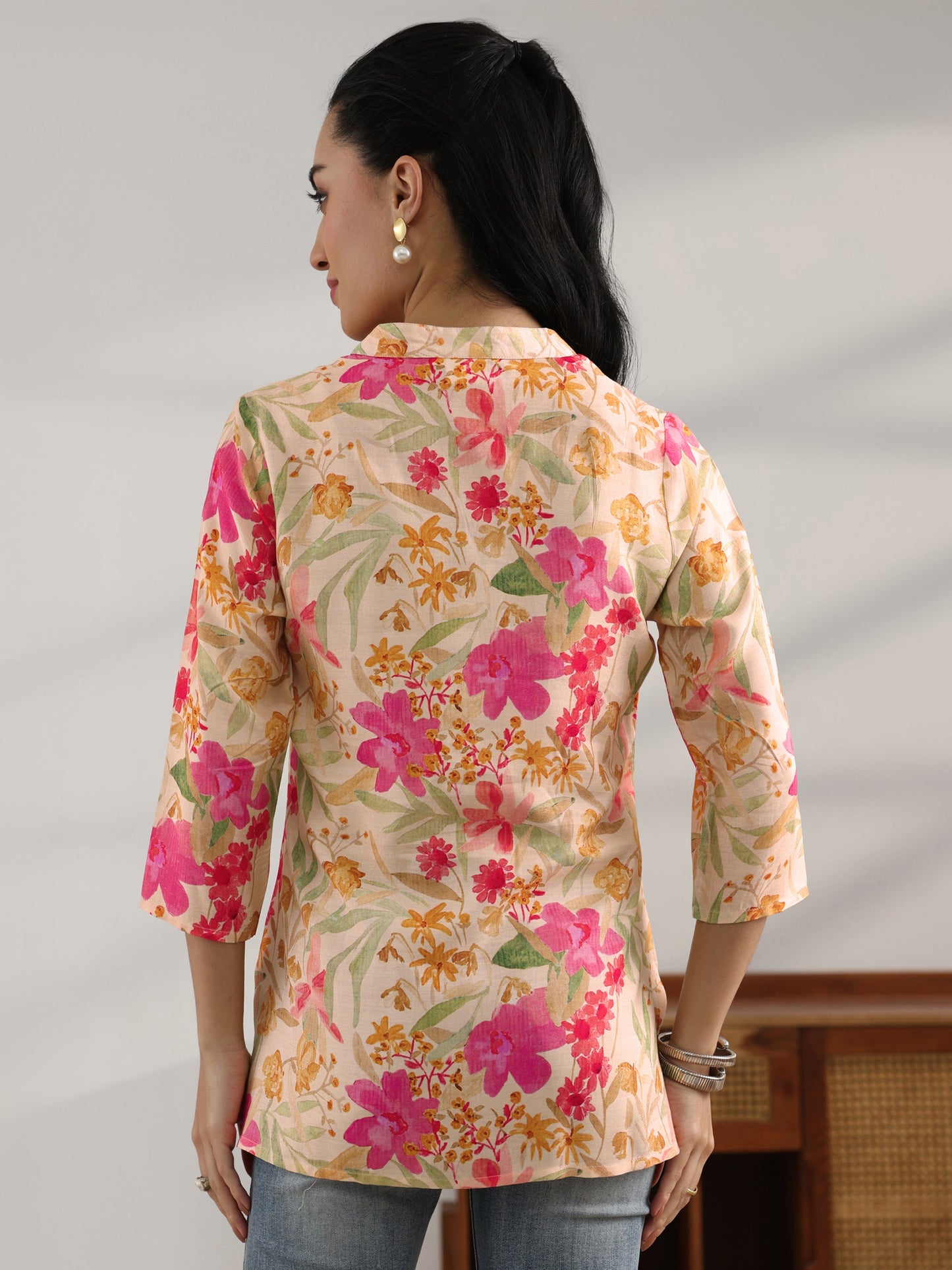 Yellow Printed Muslin Straight Short Kurti