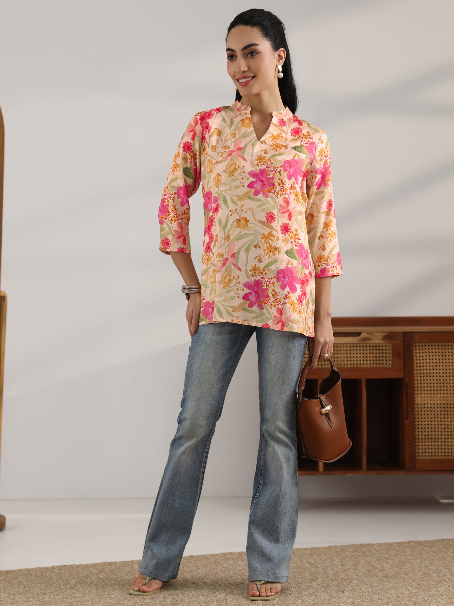 Yellow Printed Muslin Straight Short Kurti