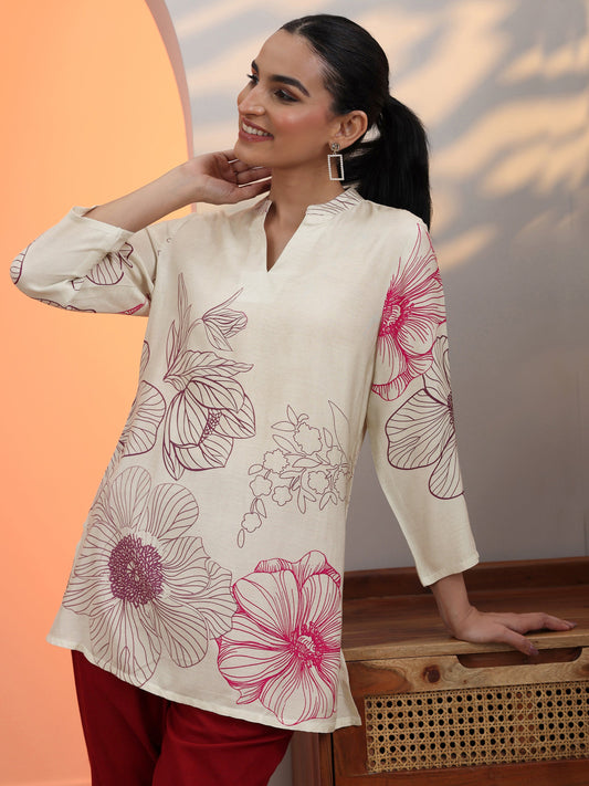 Off White Printed Silk Blend Straight Short Kurti