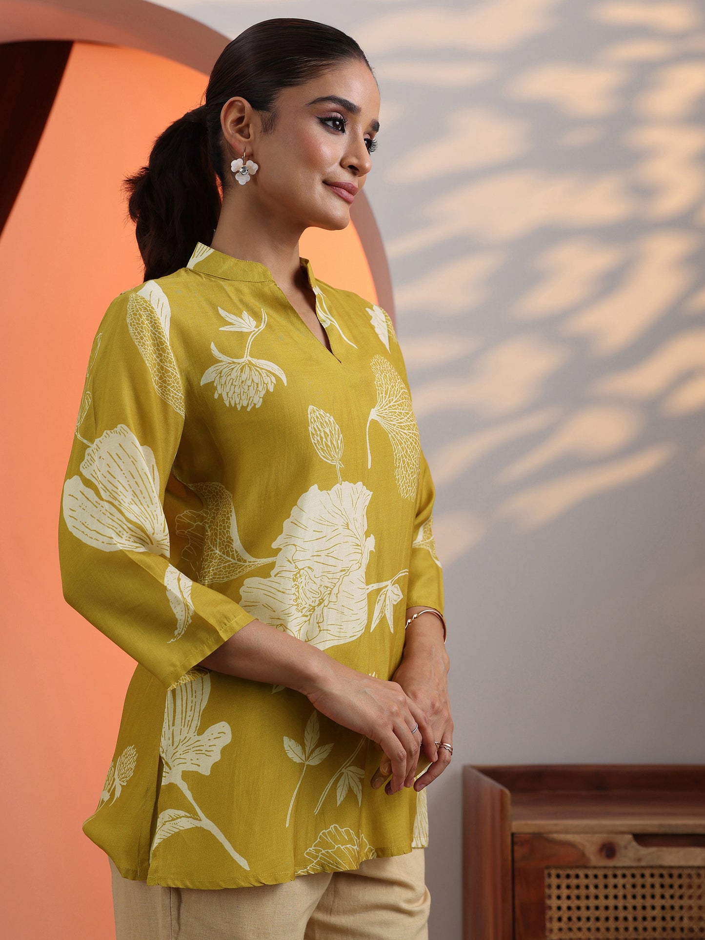 Mustard Floral Silk Blend Straight Short Kurti
