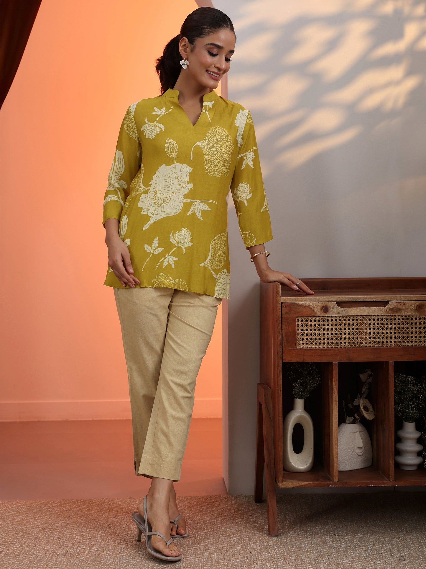 Mustard Floral Silk Blend Straight Short Kurti