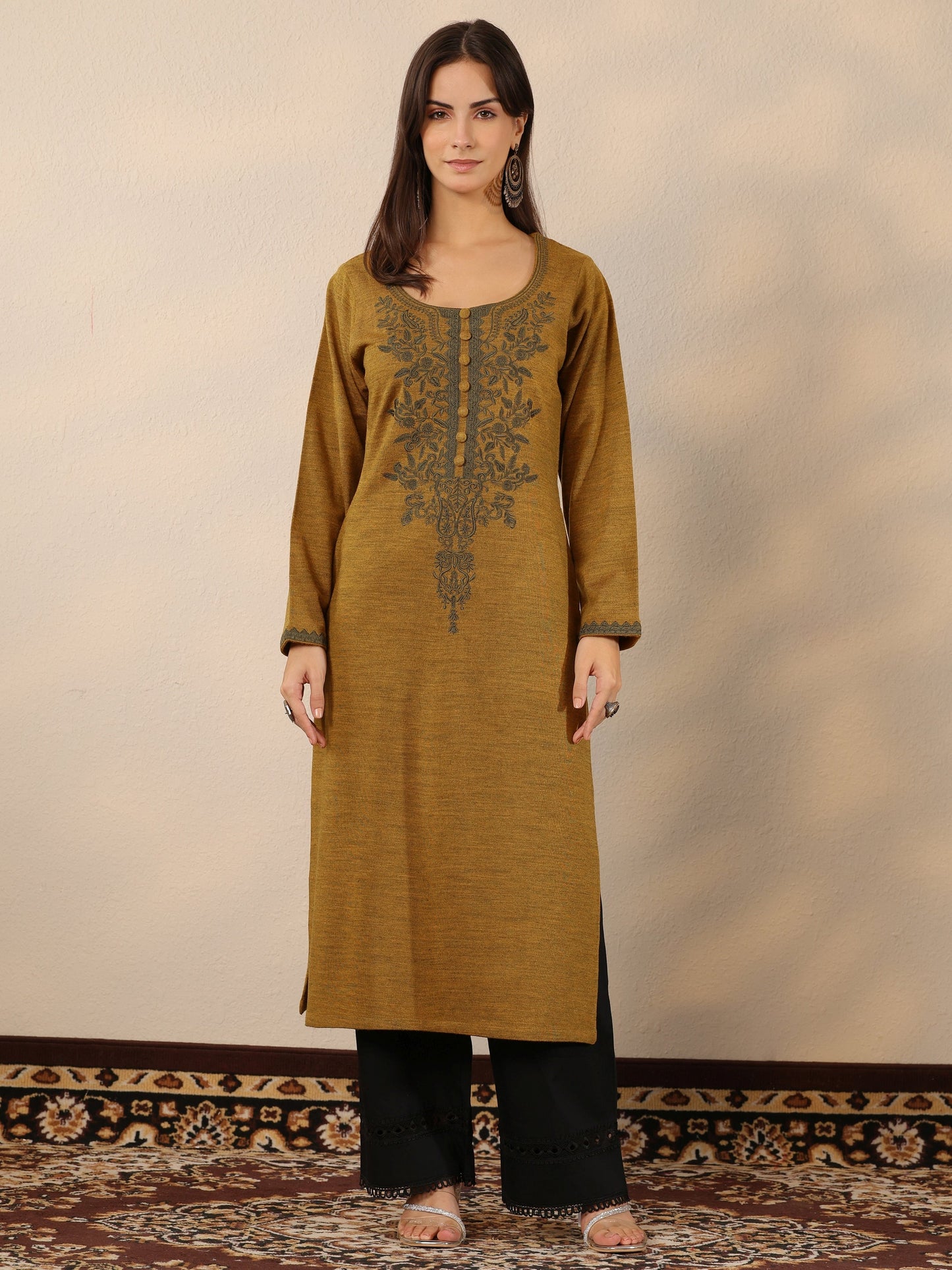 Mustard Embroidered Wool Straight Kurta