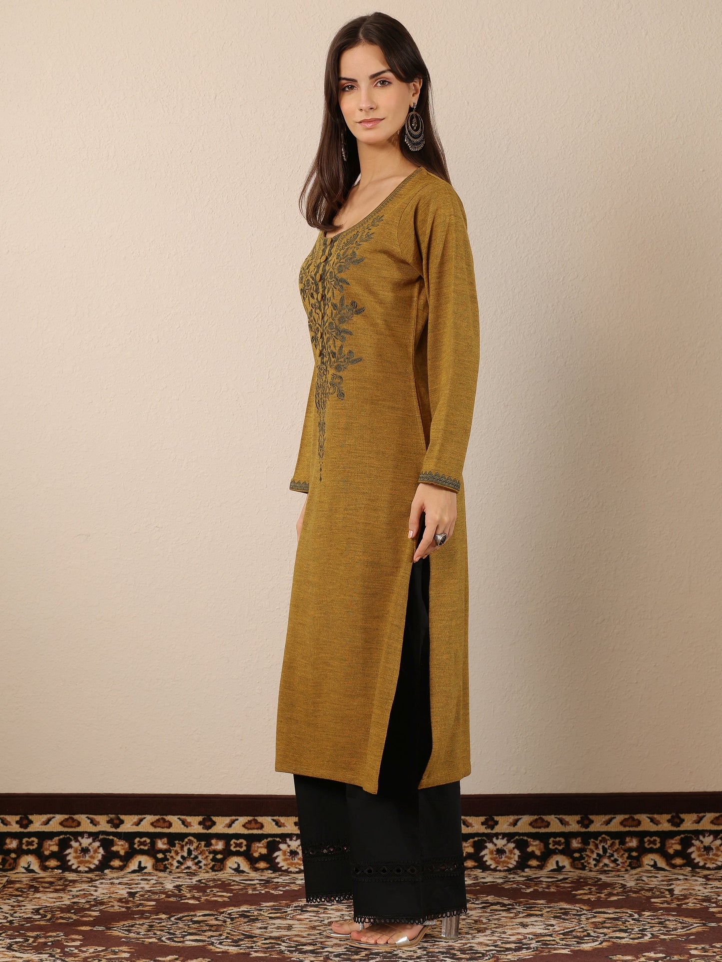 Mustard Embroidered Wool Straight Kurta