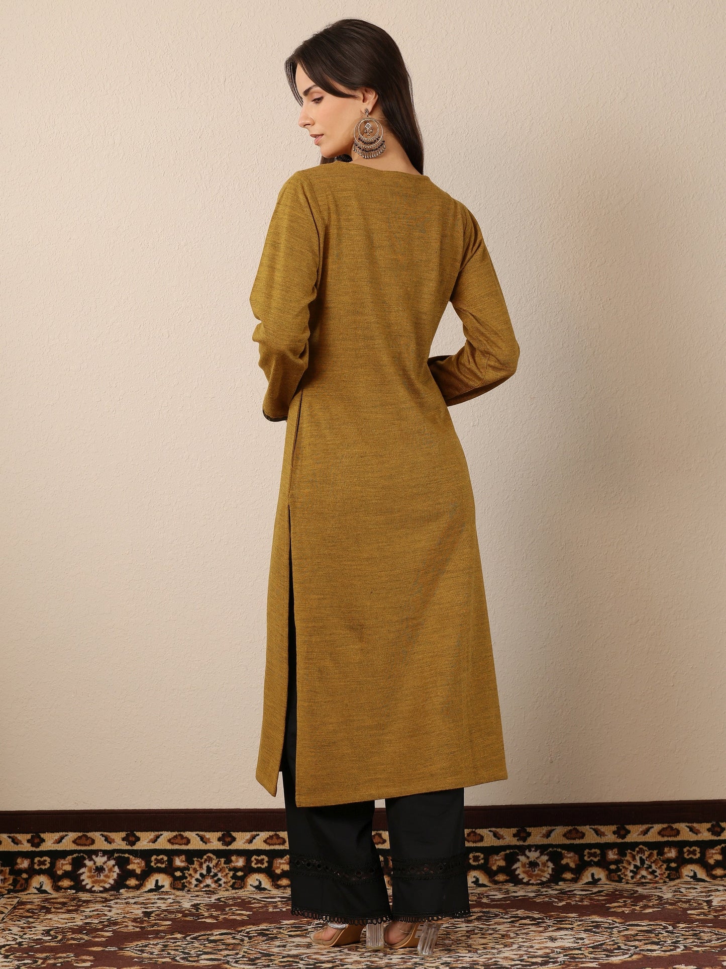Mustard Embroidered Wool Straight Kurta